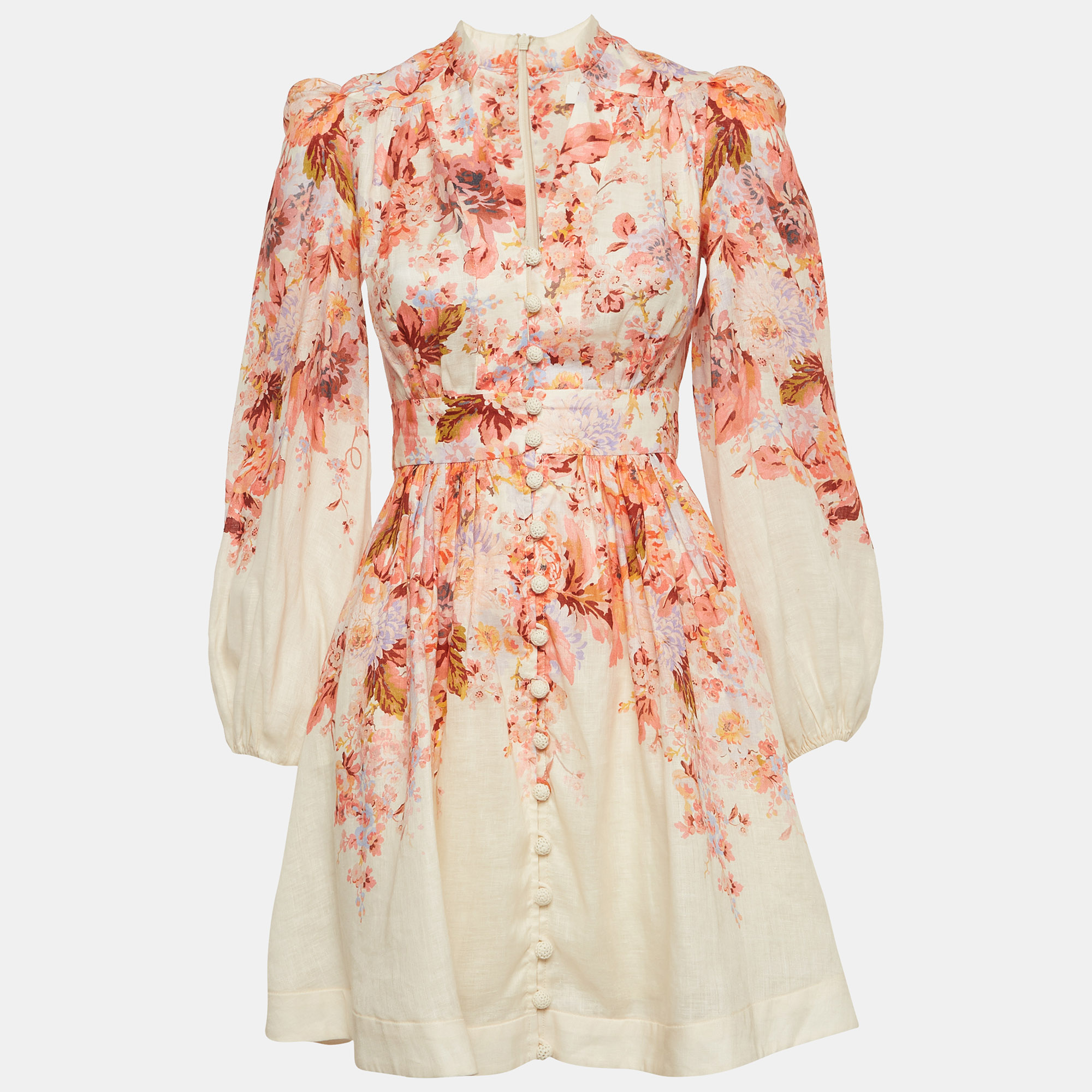 

Zimmermann Pink/White Floral Print Linen Devi Plunge Mini Dress S
