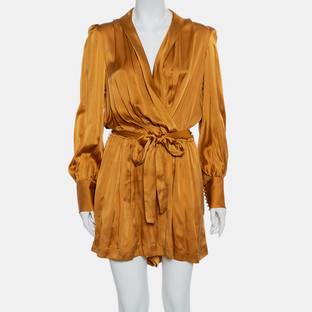 Pre-owned Zimmermann Zimmerman Gold Satin Faux Wrap Belted Playsuit L
