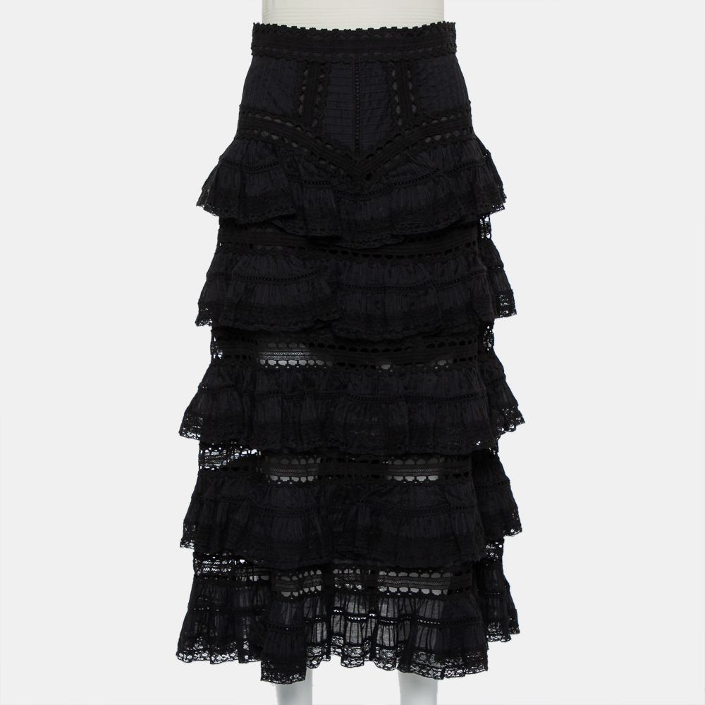 Pre-owned Zimmermann Zimmerman Black Paneled Cotton Lace Trim Ruffled Tiered Midi Skirt S