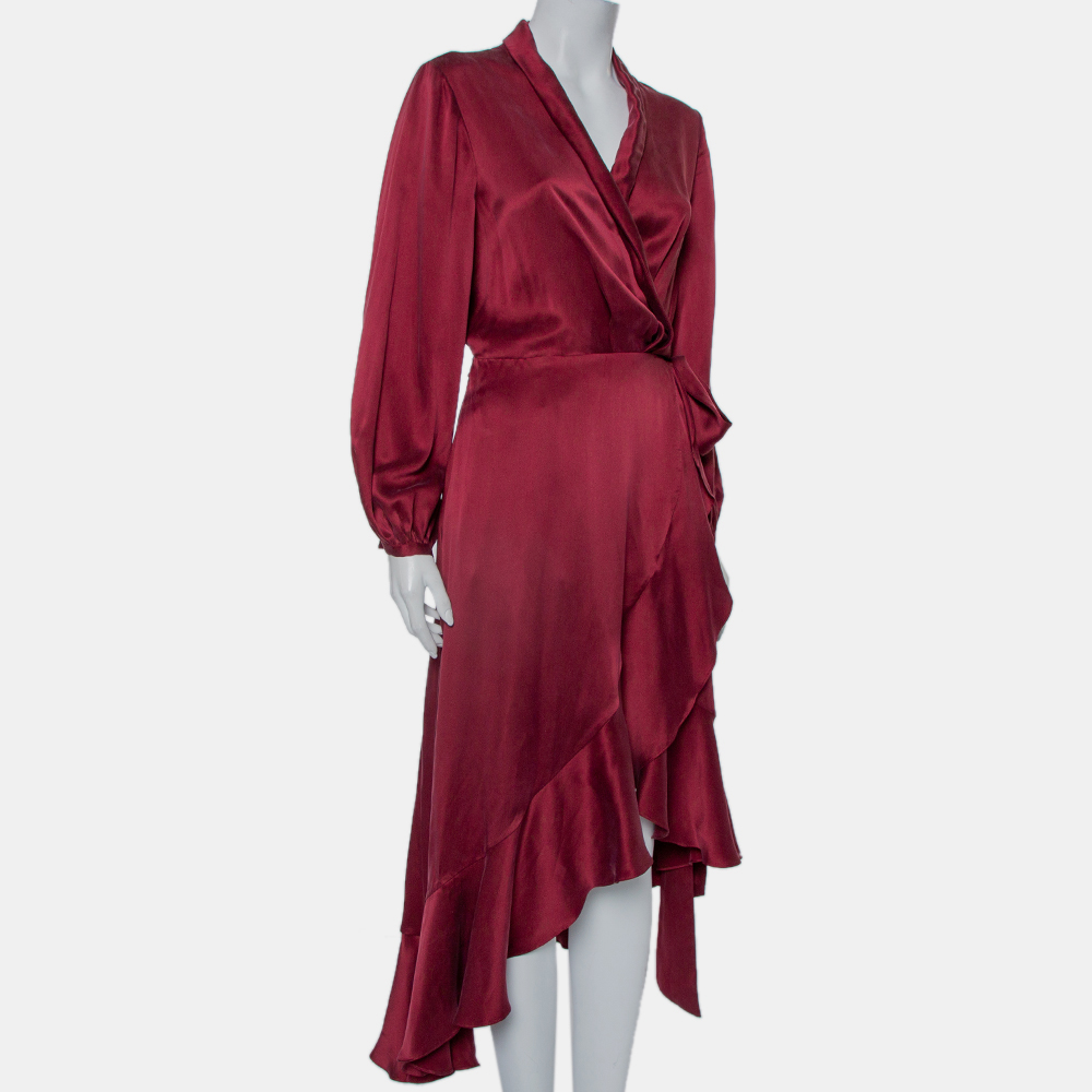 

Zimmermann Burgundy Coated Silk Flounce Midi Wrap Dress