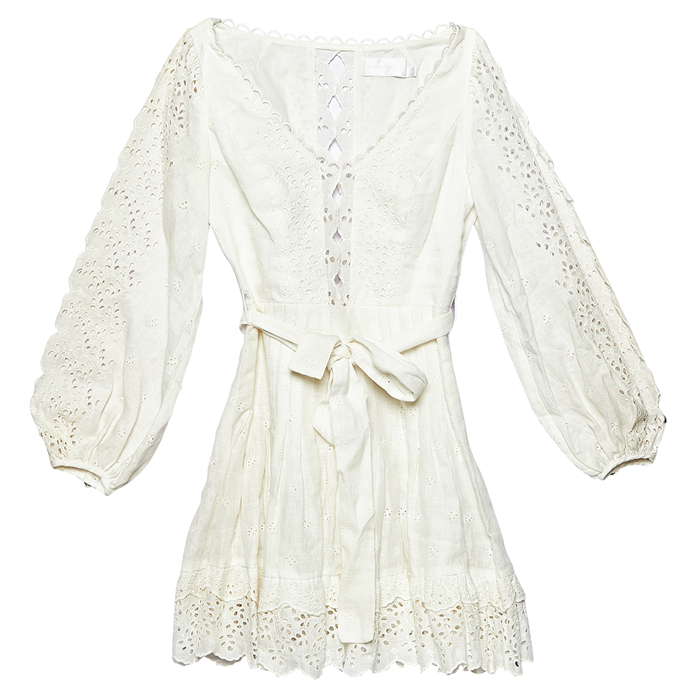 Pre-owned Zimmermann White Linen Eyelet Detail Belted Mini Dress S ...