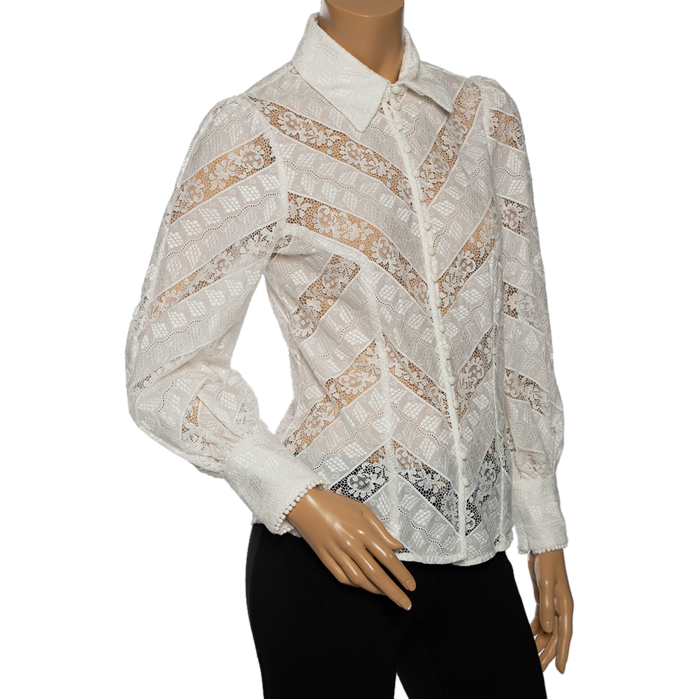 

Zimmermann Ivory Embroidered Cotton & Lace Veneto Lantern Paneled Shirt, White