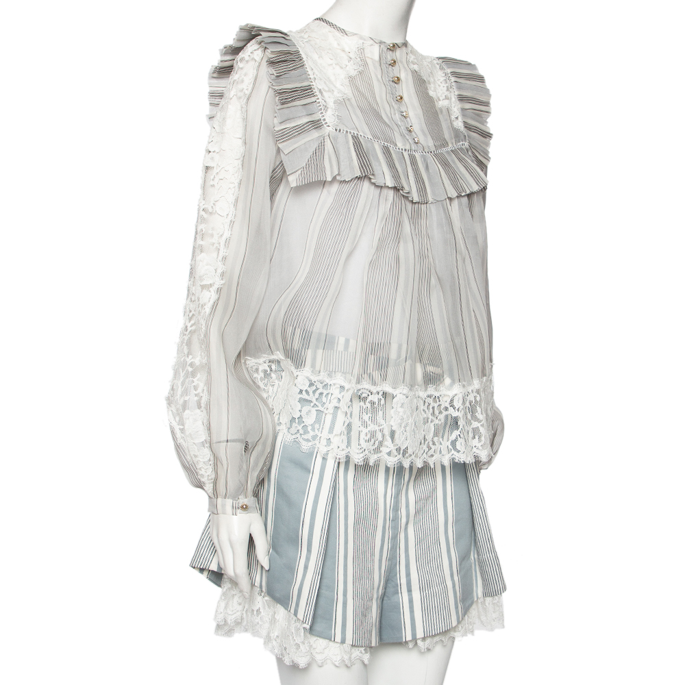 

Zimmermann Grey/Blue Striped Cotton Havoc Lace Trimmed Shirt And Shorts Set, Multicolor