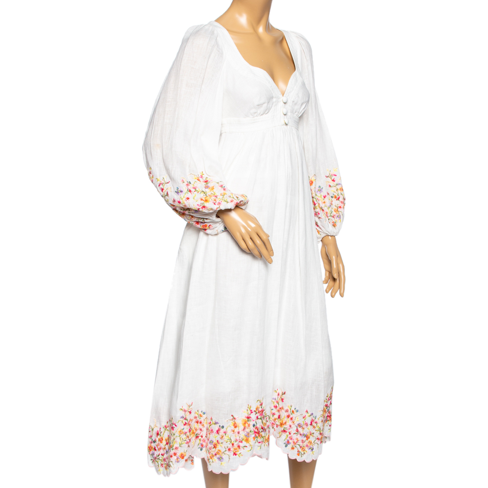 

Zimmermann White Linen Floral Embroidered Scallop Hem Midi Dress