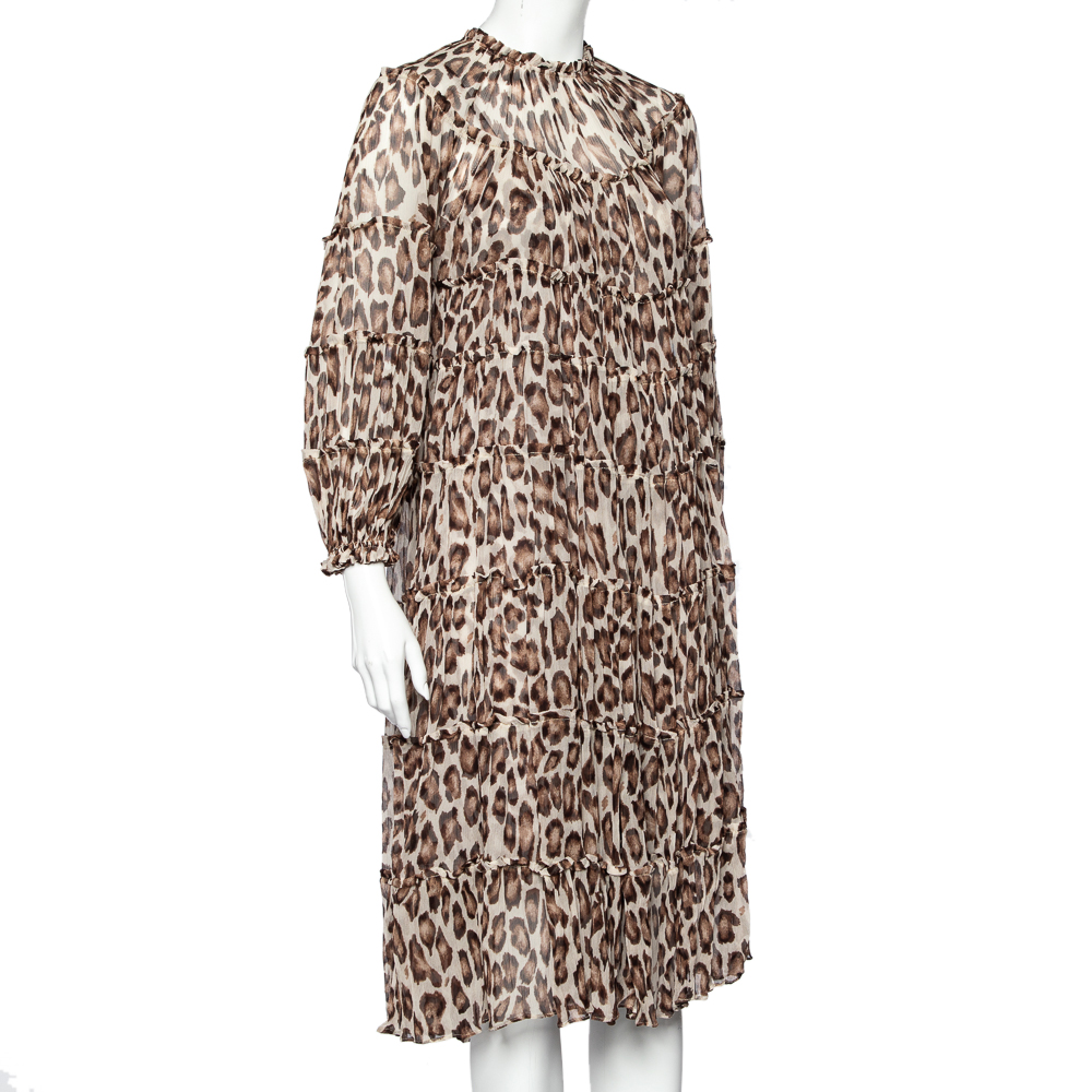 

Zimmermann Brown Animal Printed Silk Chiffon Tiered Midi Dress