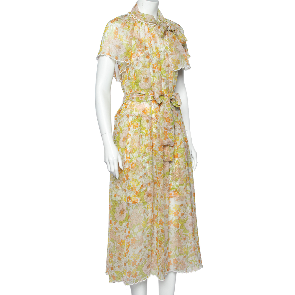 

Zimmermann Multicolor Super Eight Floral Printed Neck Tie Detail Belted Midi Dress