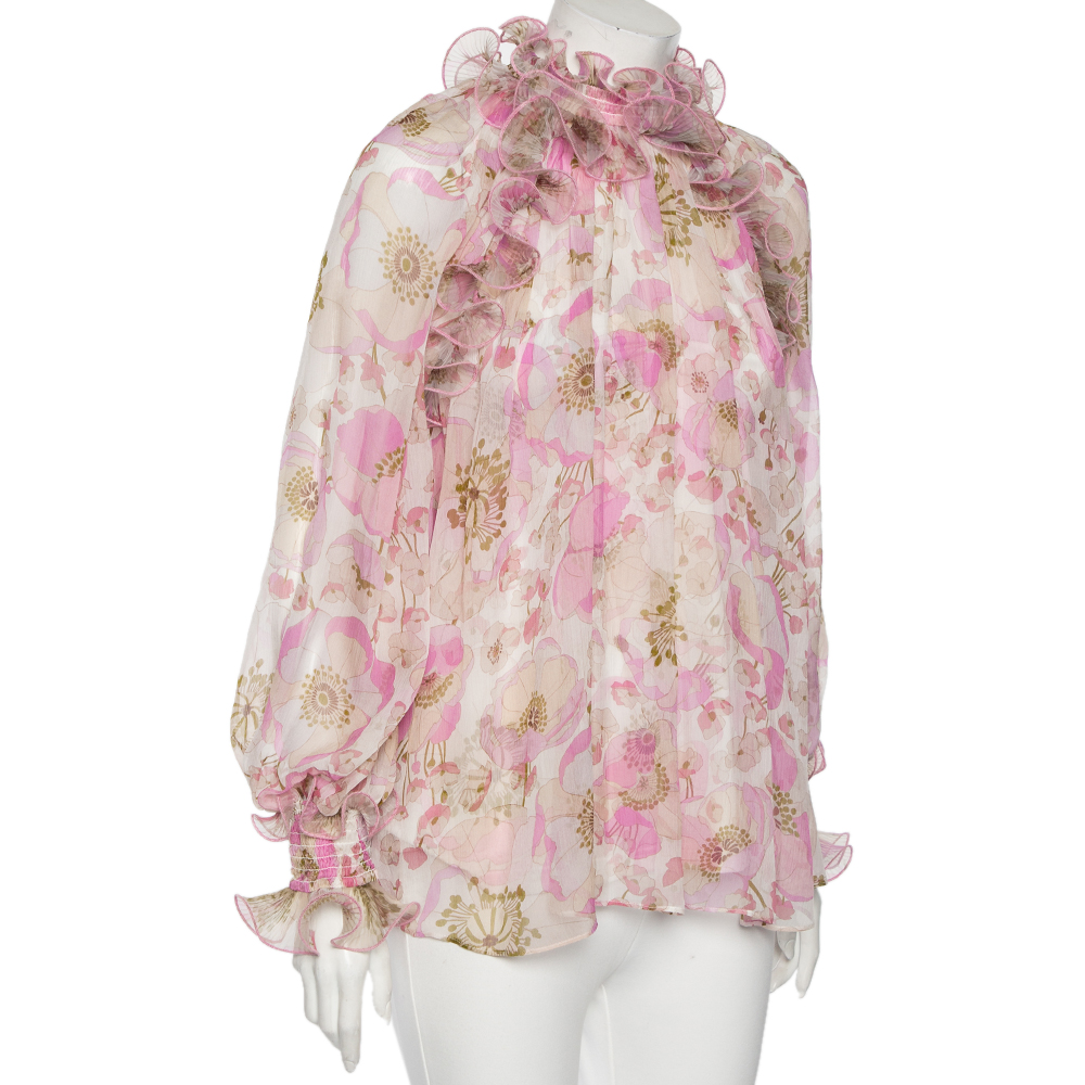 

Zimmermann Pink Floral Printed Silk Ruffled Blouse