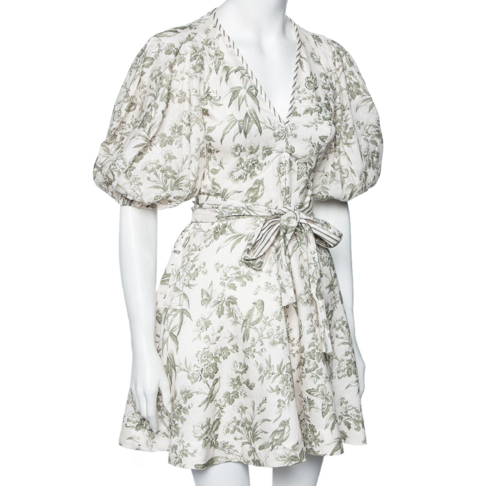 

Zimmermann Off-White & Green Bird Print Linen Puffed Sleeve Dress