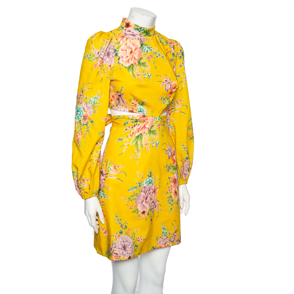 

Zimmermann Yellow Floral Printed Linen Belted Cut-Out Mini Dress