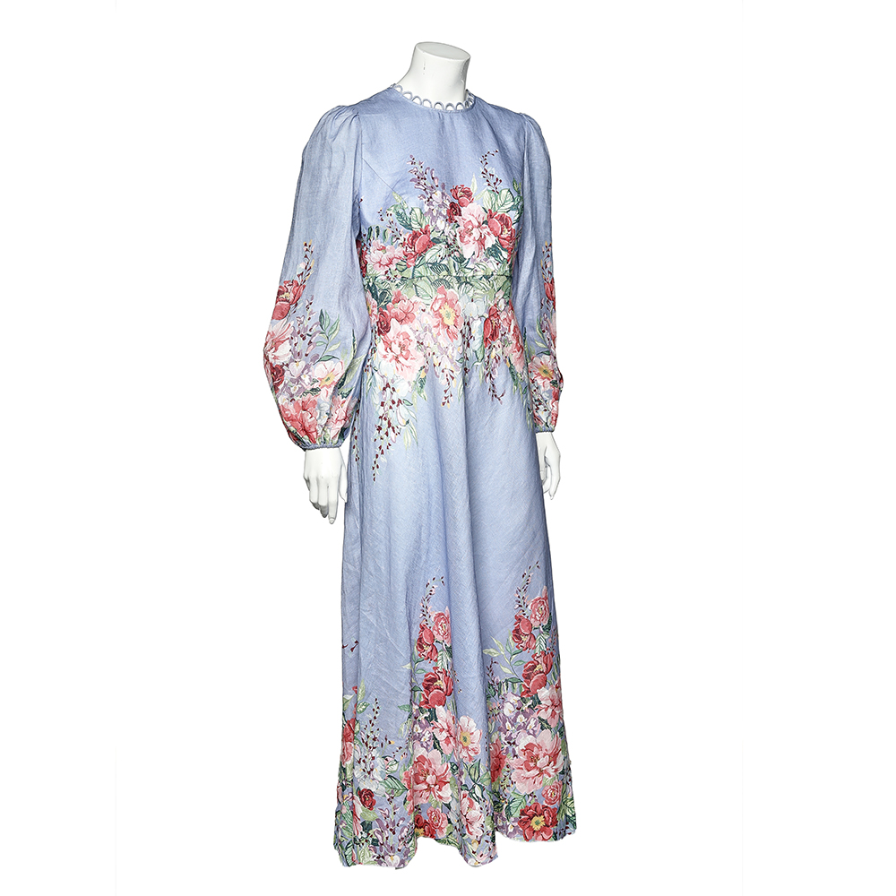 

Zimmermann Blue Floral Printed Linen Bellitude Maxi Dress