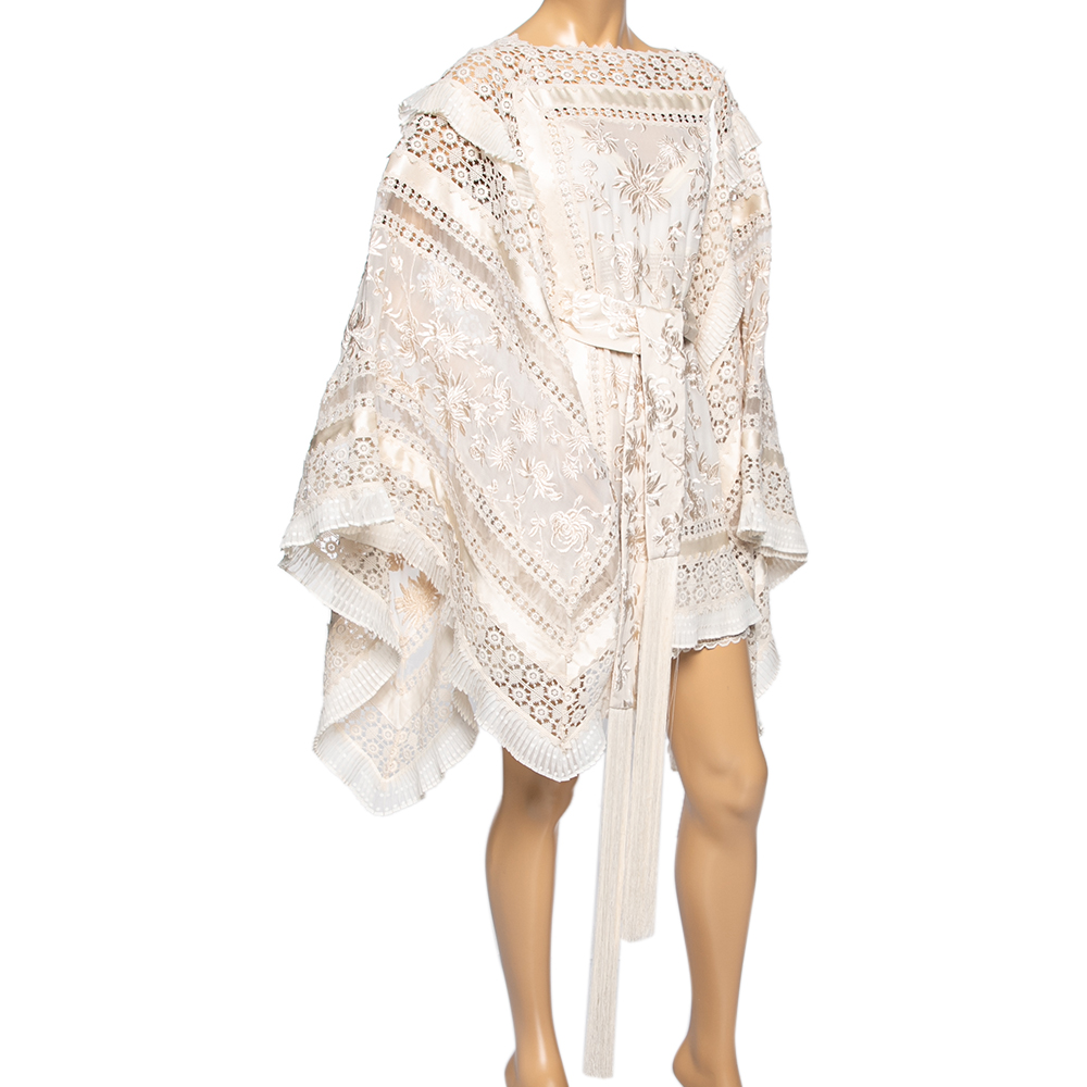 

Zimmermann Cream Silk Organza & Crochet Trimmed Belted Kaftan Dress
