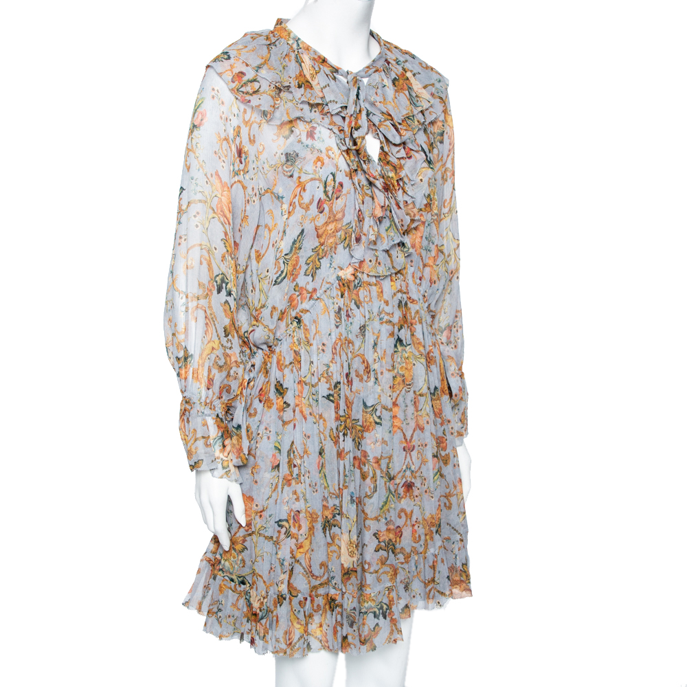 

Zimmermann Grey Floral Printed Ruffled Trim Detailed Dress