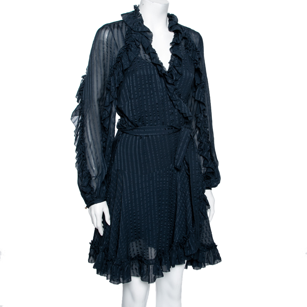 

Zimmermann Navy Blue Striped Silk Ruffled Wrap Dress