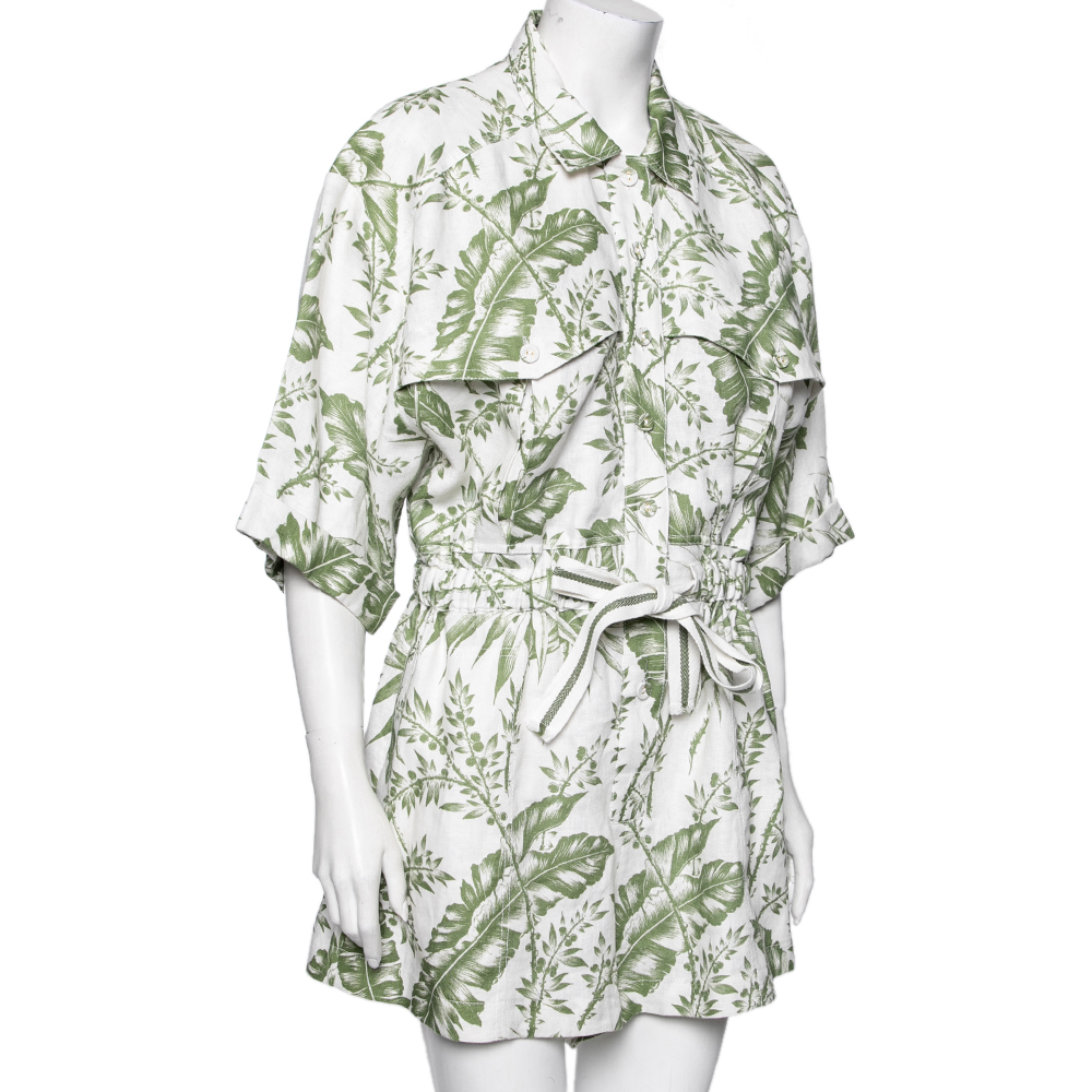 

Zimmermann White/Green Empire Leaf Print Cotton Playsuit