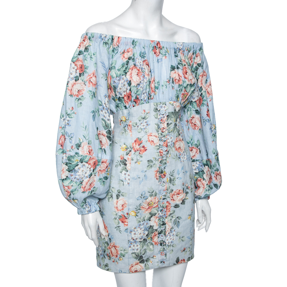 

Zimmermann Blue Floral Printed Cotton Bowie Off Shoulder Dress