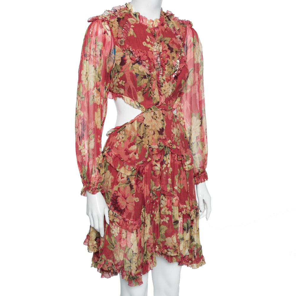 

Zimmermann Multicolor Floral Printed Silk Ruffle Detail Backless Dress