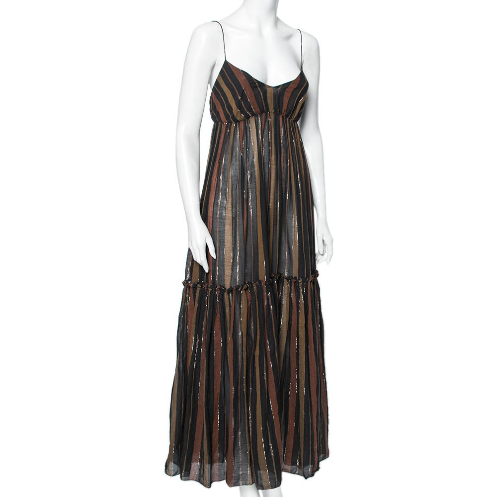 

Zimmermann Multicolor Cotton and Metallic Striped Tiered Tasseled Maxi Dress