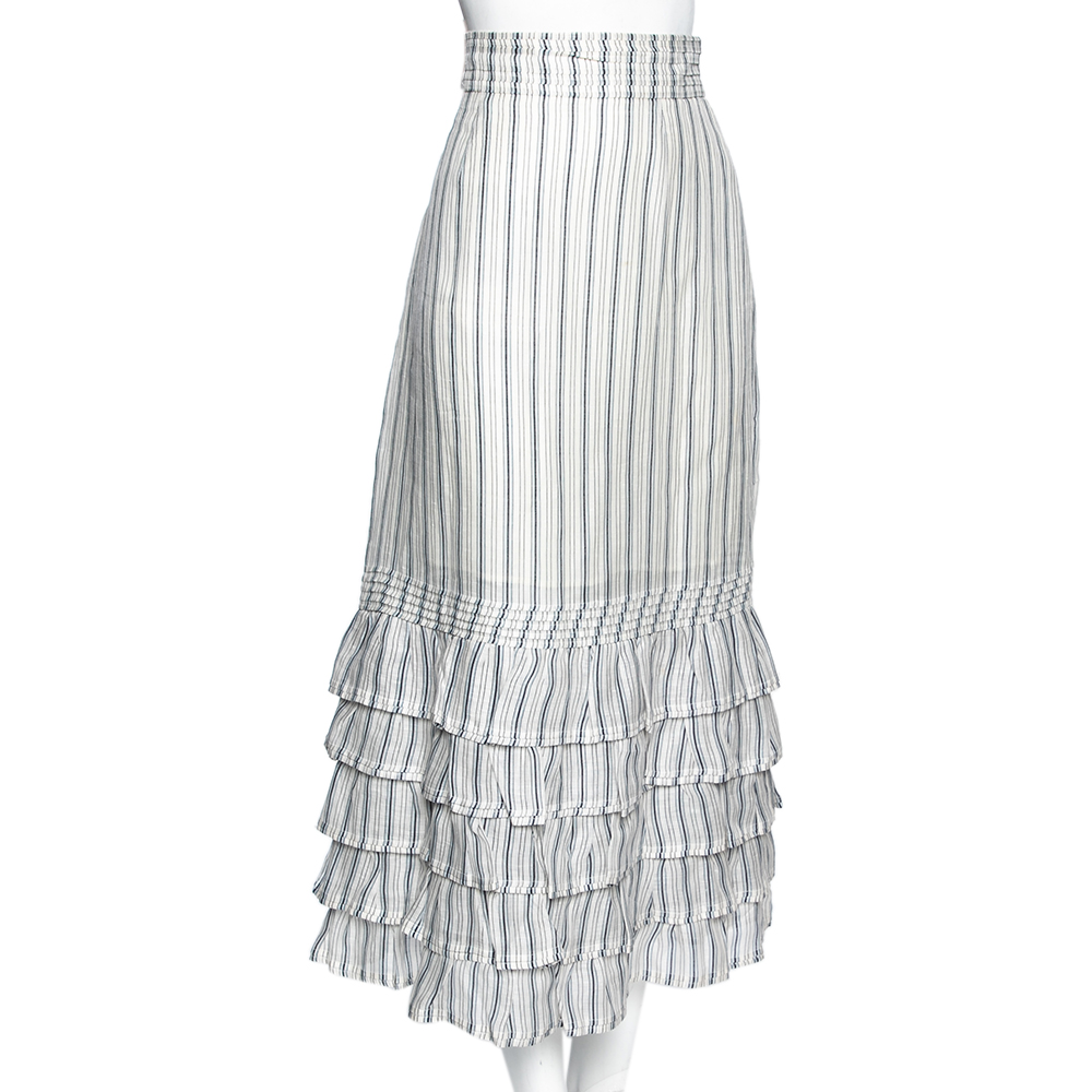 

Zimmermann White Striped Linen & Silk Tiered Midi Skirt