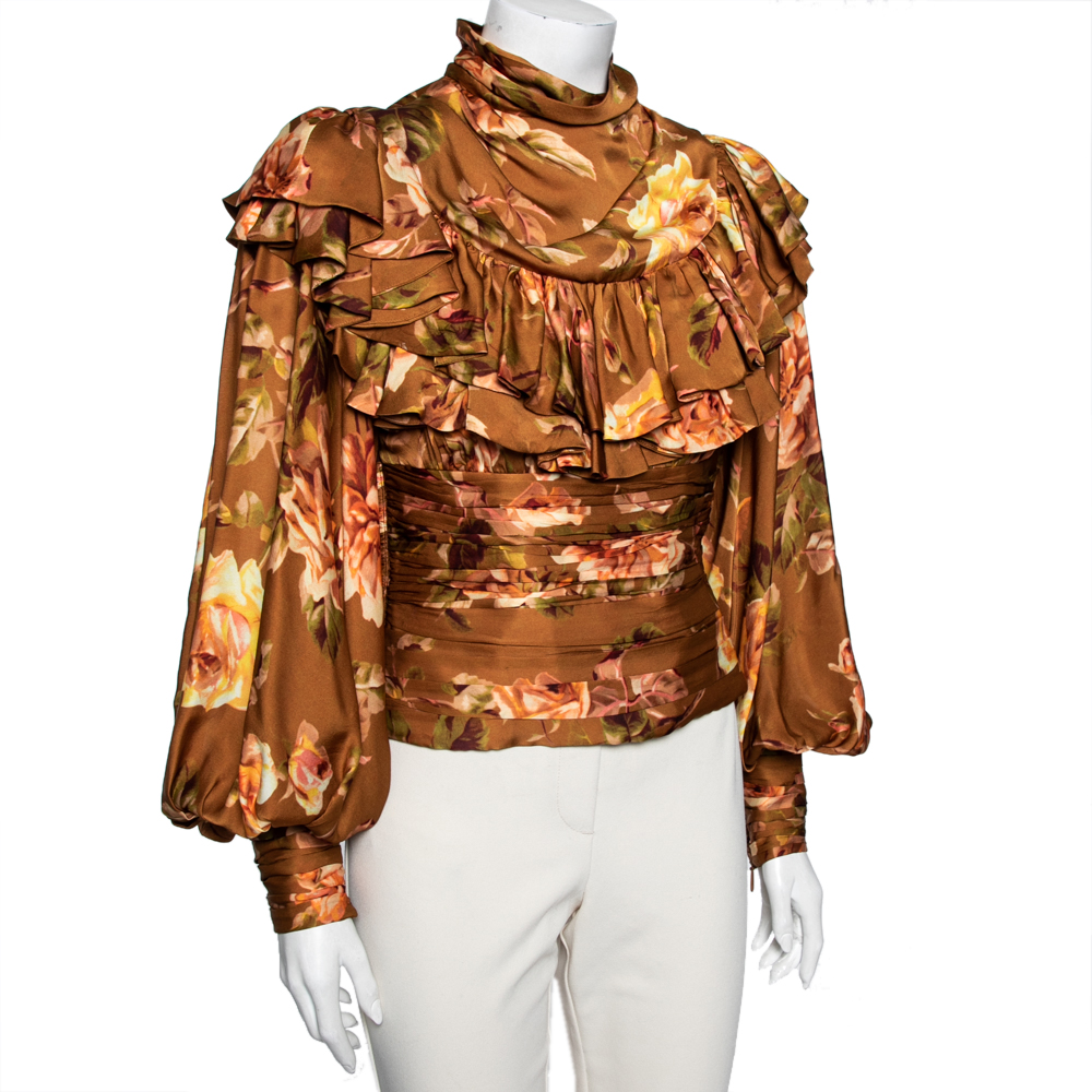 

Zimmermann Metallic Brown Floral Print Silk Ruffled and Ruched Detailed Zipped Cuff Blouse