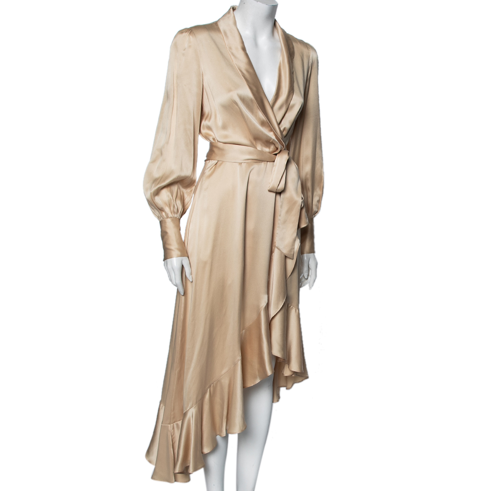 

Zimmermann Beige Silk Wrap Ruffle Hem Midi Dress