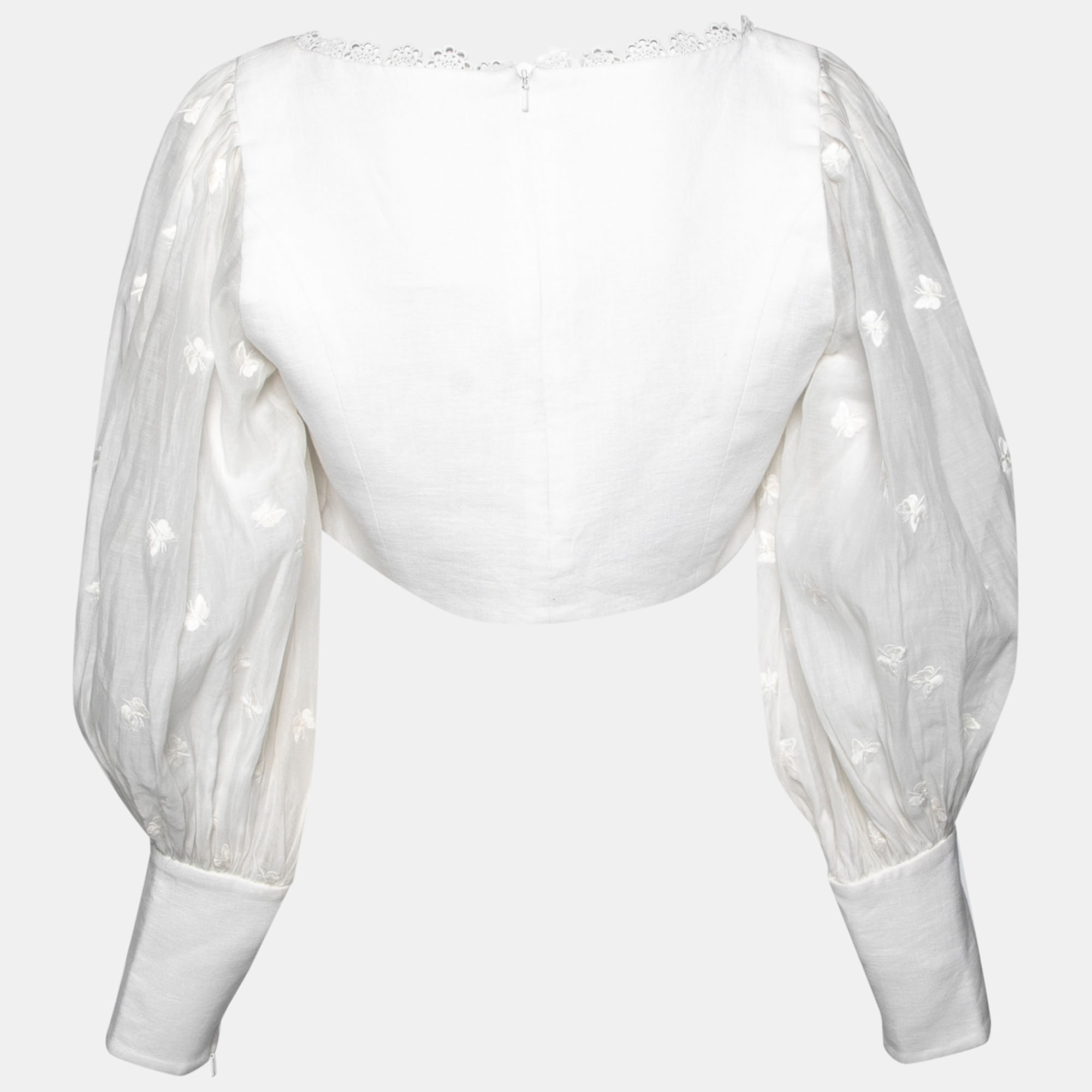 

Zimmermann White Linen Lace Trimmed Balloon Sleeve Crop Top