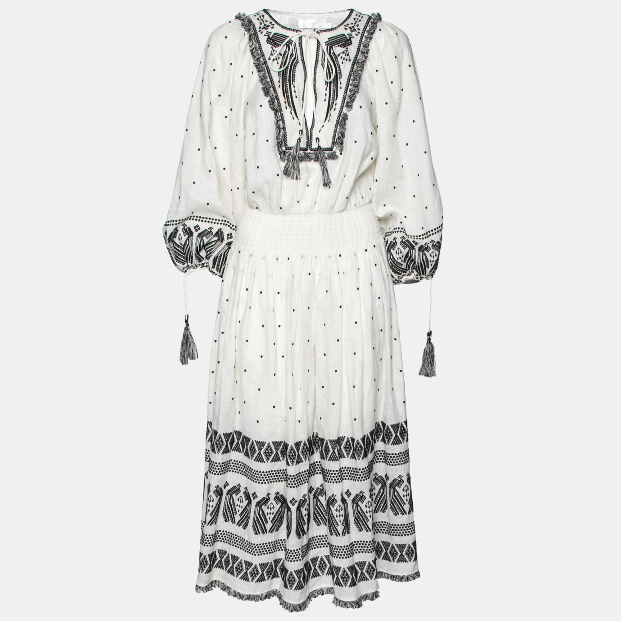 Pre-owned Zimmermann White & Black Tali Embroidered Linen Fringe Detail Maxi Dress S