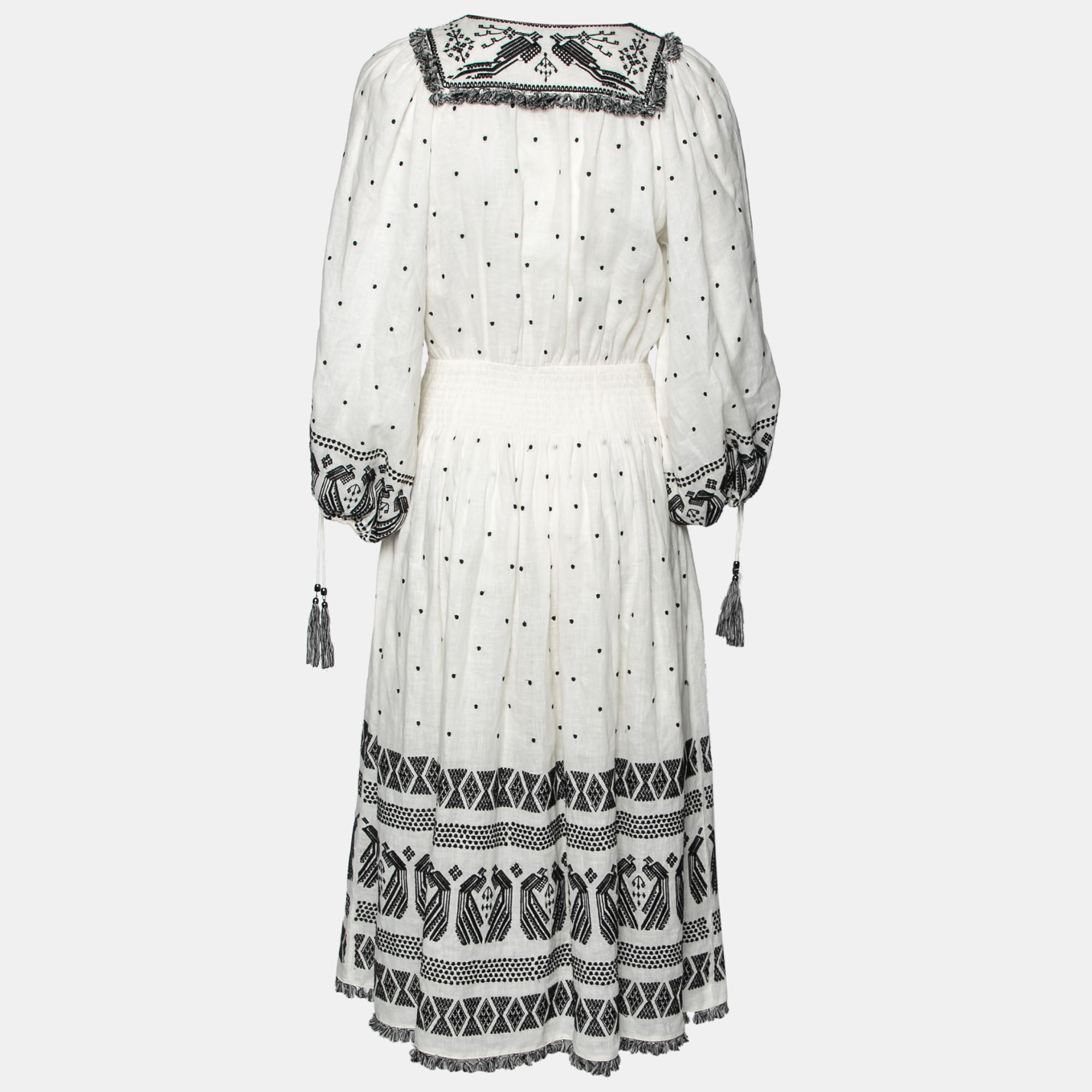 

Zimmermann White & Black Tali Embroidered Linen Fringe Detail Maxi Dress