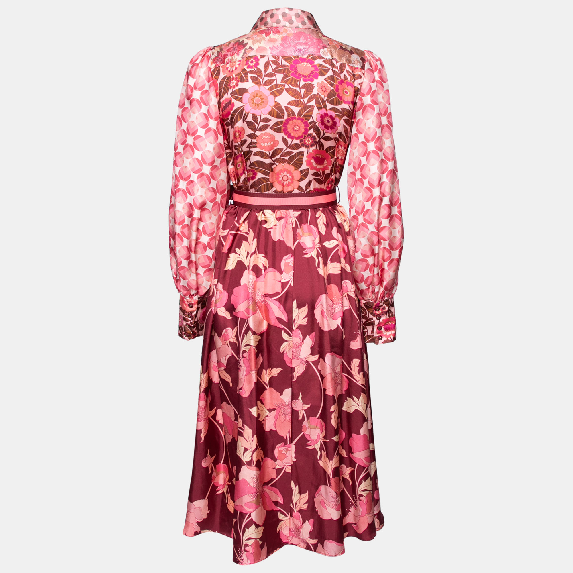 

Zimmermann Pink Floral Printed Silk Belted Midi Shirt Dress