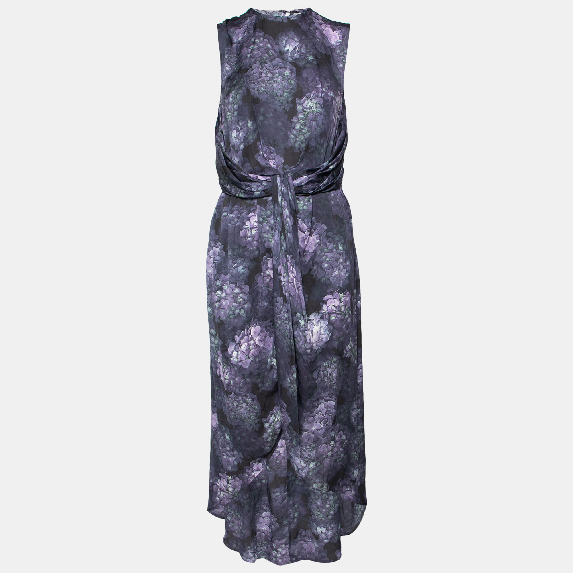 Pre-owned Zimmermann Purple Floral Printed Silk Draped Asymmetric Midi Dress M