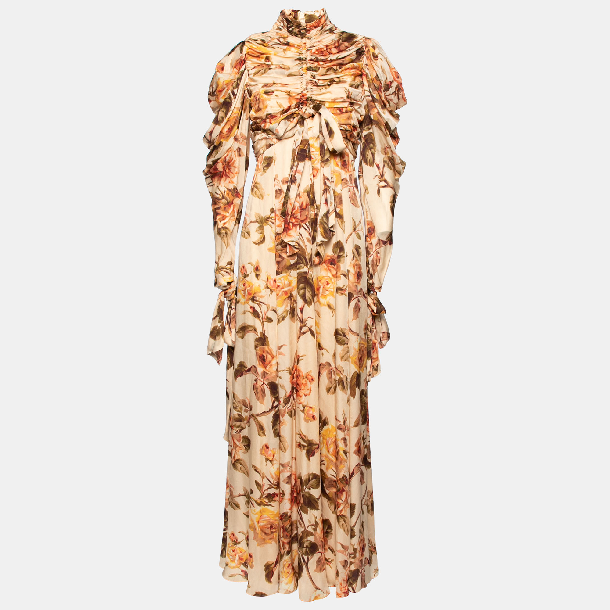 Pre-owned Zimmermann Beige Floral Printed Silk Ruched And Draped Detail ...