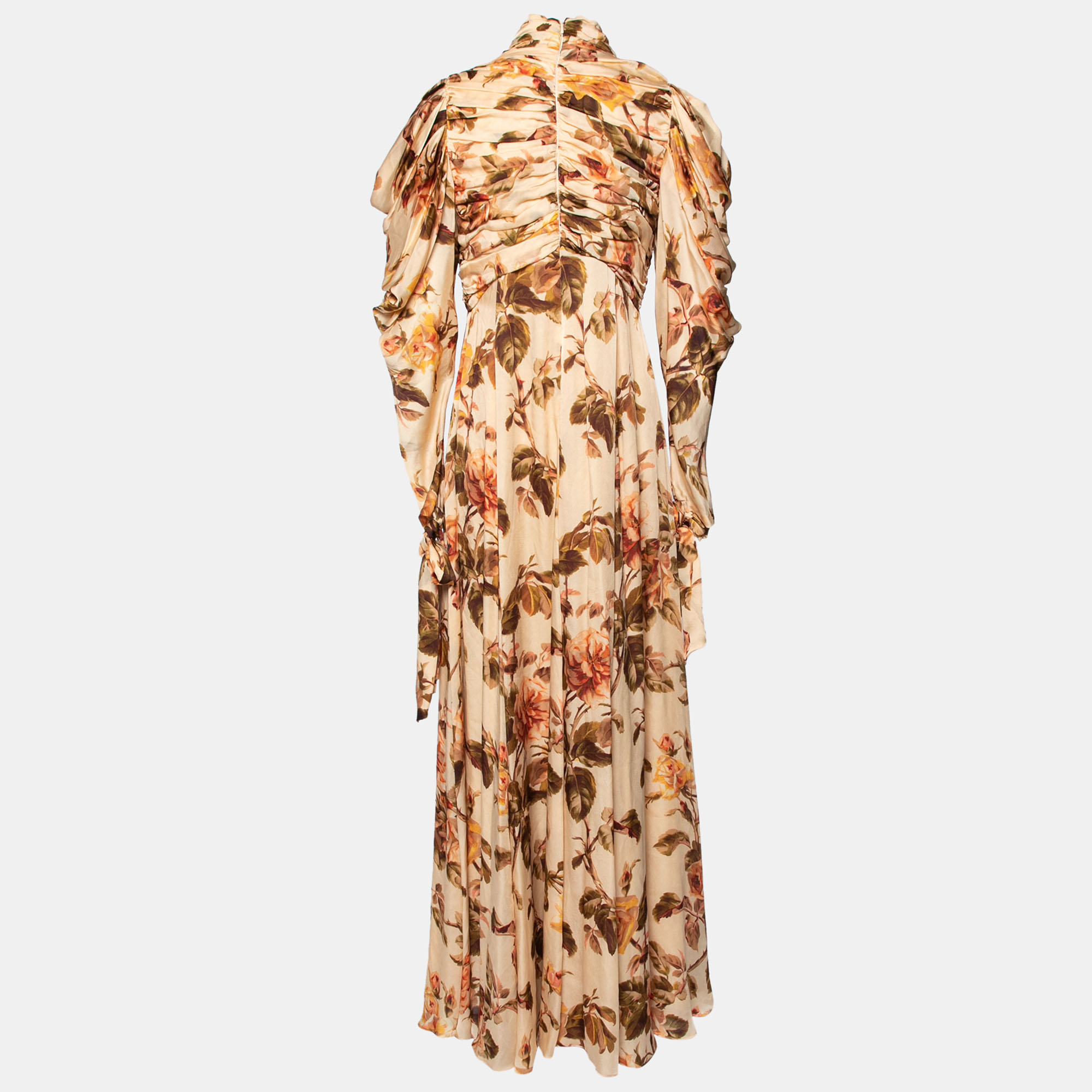

Zimmermann Beige Floral Printed Silk Ruched and Draped Detail Mock Neck Maxi Dress