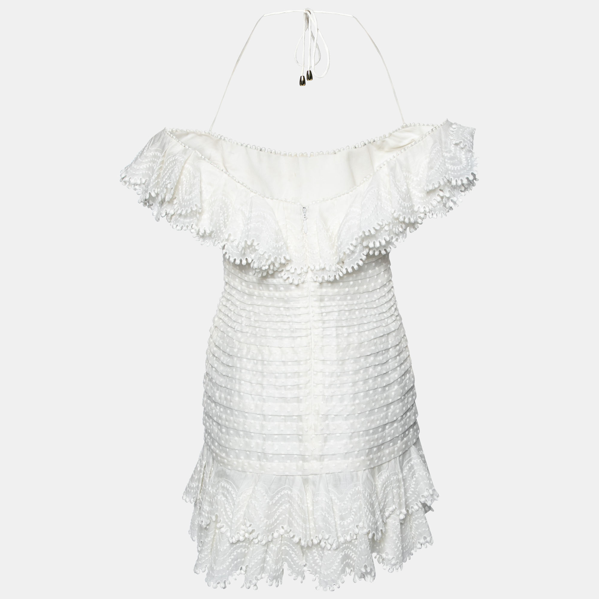 

Zimmermann White Linen Off Shoulder Scalloped Hem Tonal Embroidery Pleated Dress