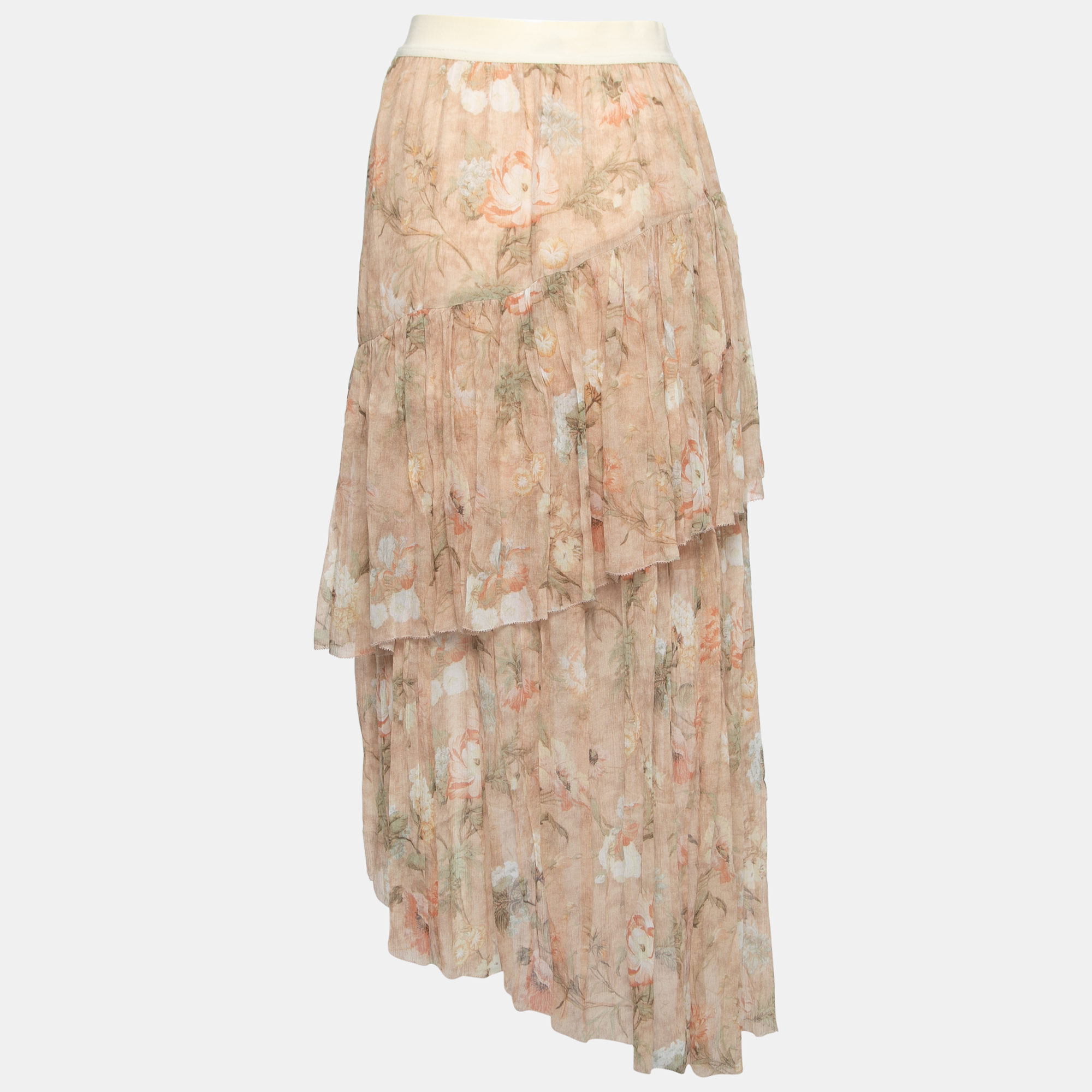 

Zimmermann Beige Floral Printed Silk Tiered Skirt