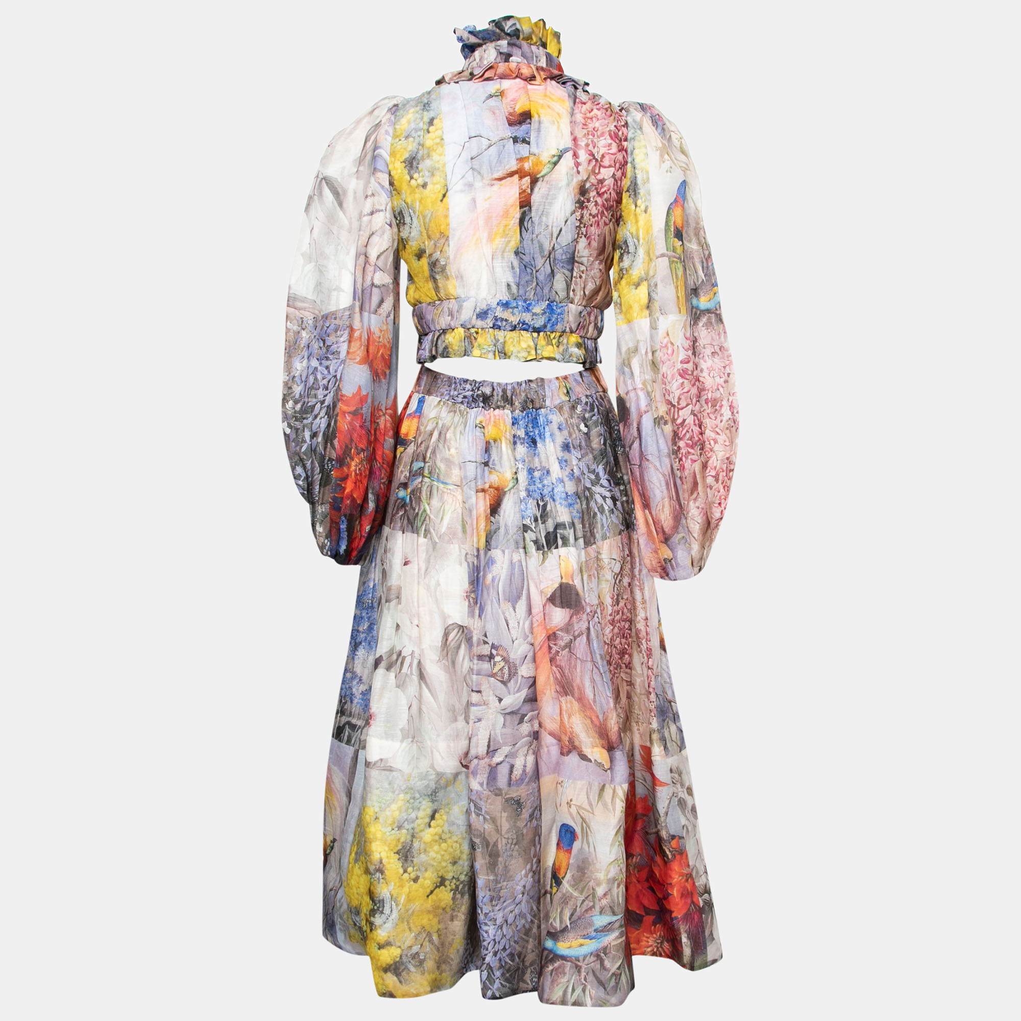 

Zimmermann Wild Botanica Multicolor Floral Print Linen & Silk Blouse and Skirt Set &L
