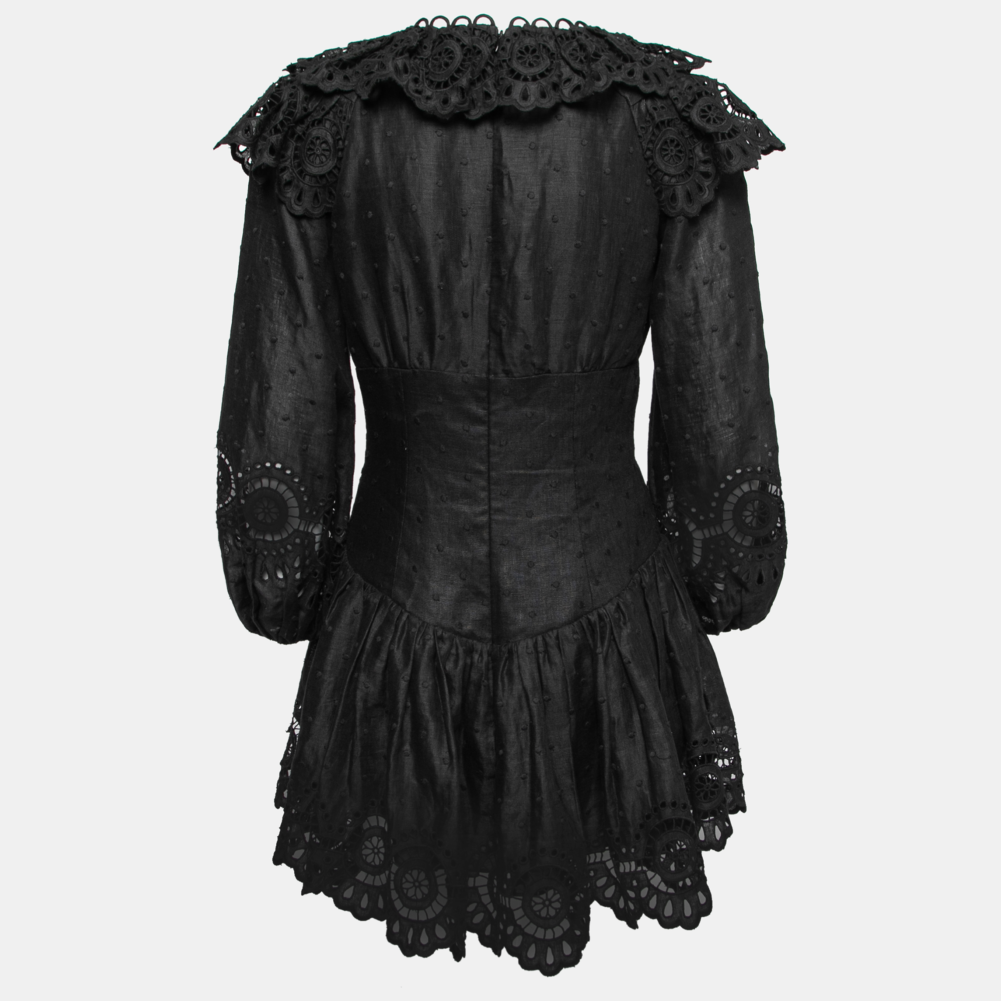 

Zimmermann Black Linen Bellitude Ruffle-Neck Mini Dress