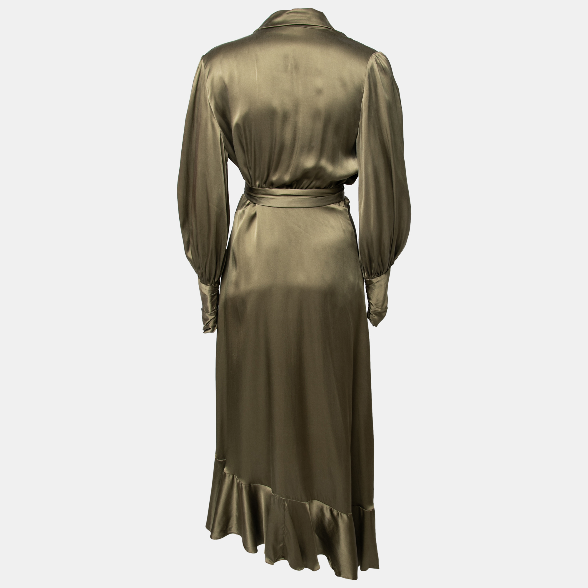 

Zimmermann Olive Green Silk Asymmetric Ruffled Wrap Dress