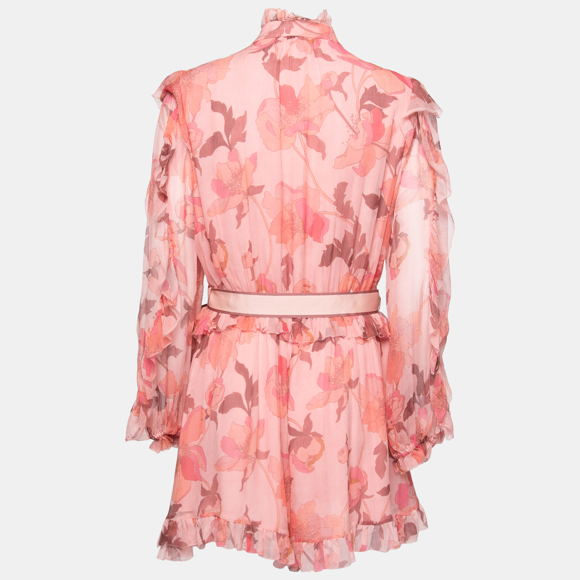 

Zimmermann Pink Floral Printed Silk Chiffon Ruffle Trimmed Belted Jumpsuit