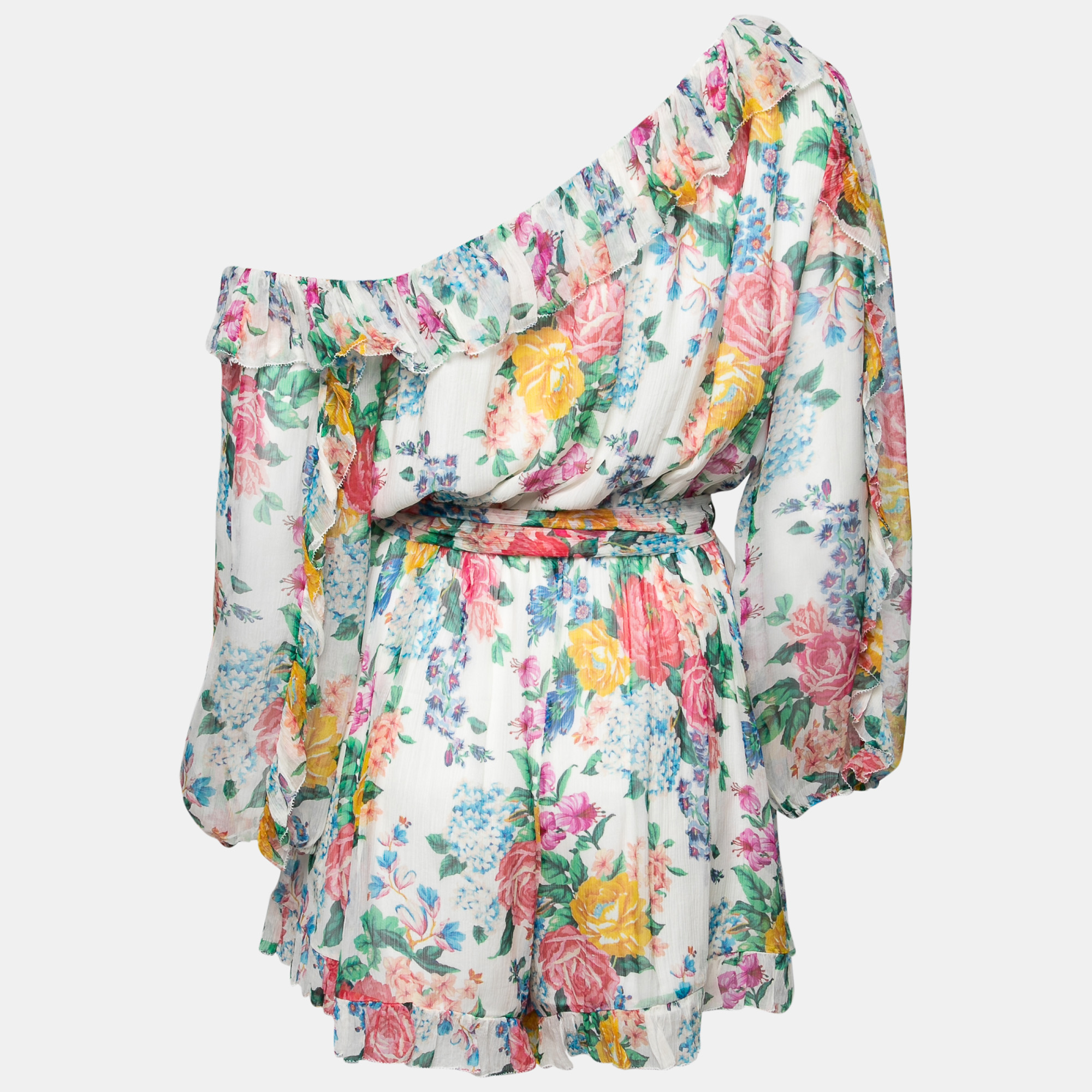 

Zimmermann White Floral Printed Silk Chiffon One-Shoulder Jumpsuit