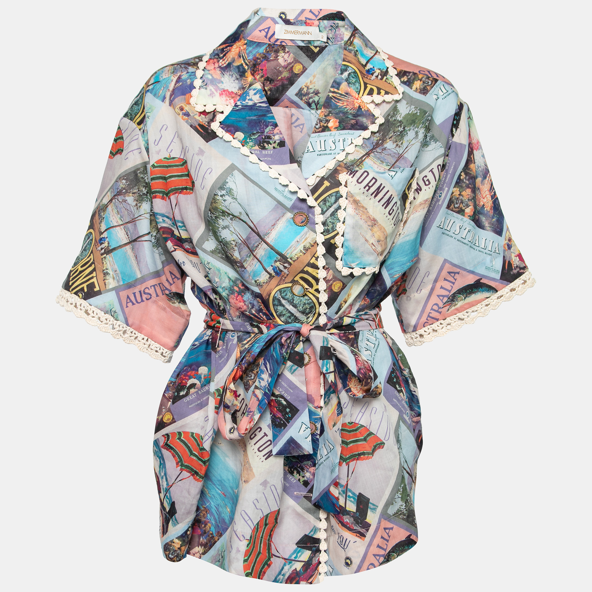 Pre Owned Zimmermann Multicolor Postcard Printed Ramie Oversized Belted Shirt M