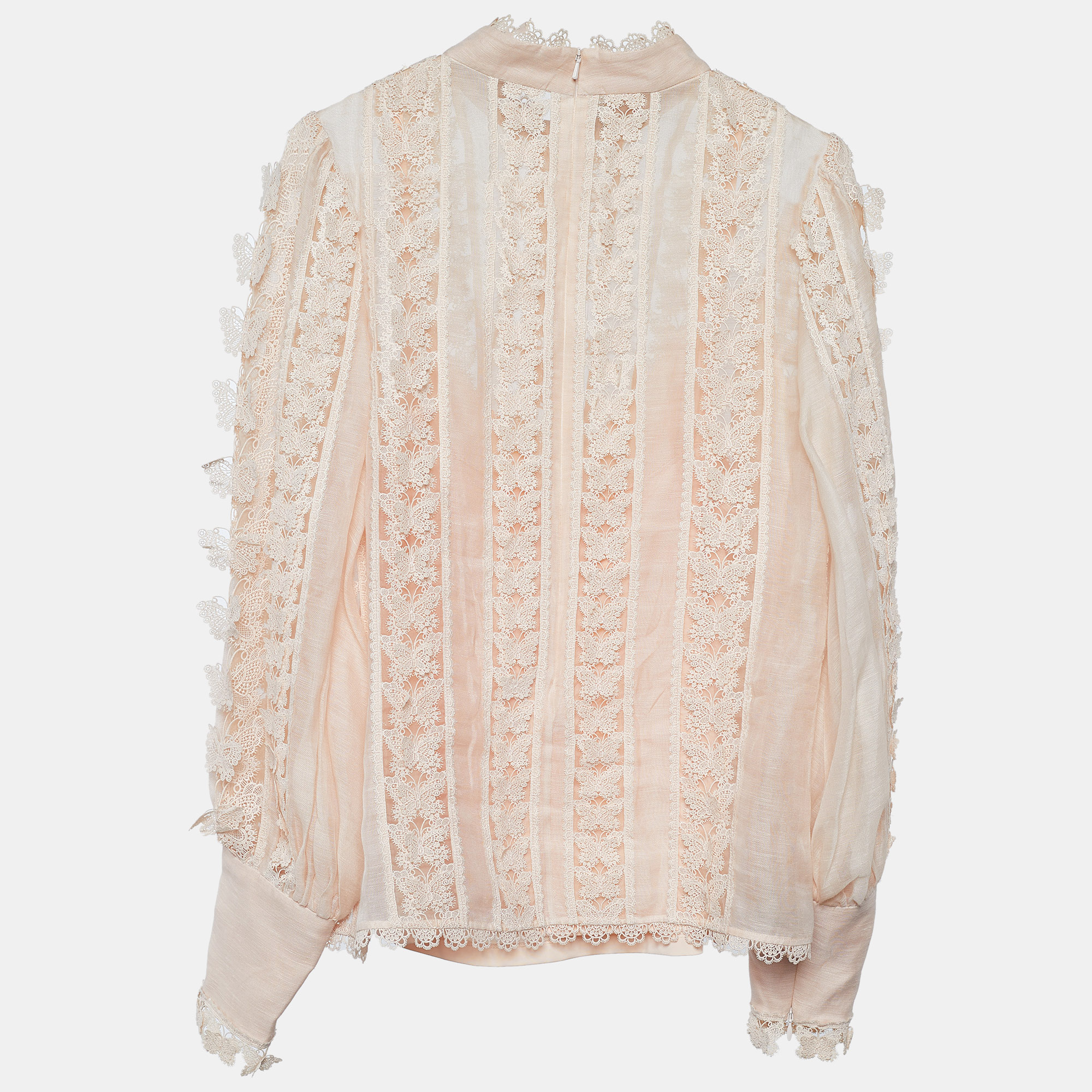 

Zimmermann Peach Linen Silk Lace Butterfly Flutter Blouse, Pink