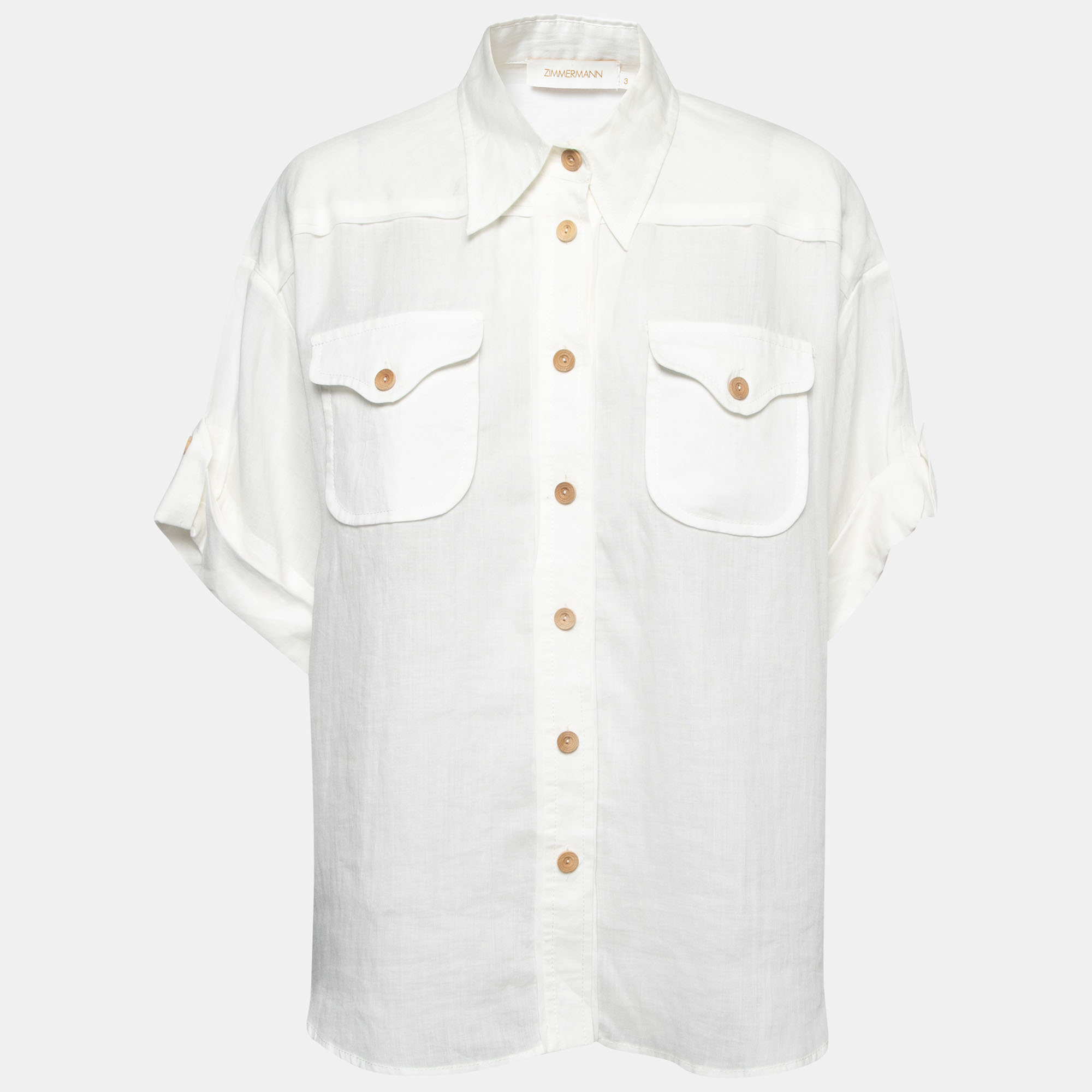 Pre Owned Zimmermann White Ramie Pocketed Button Front Shirt L