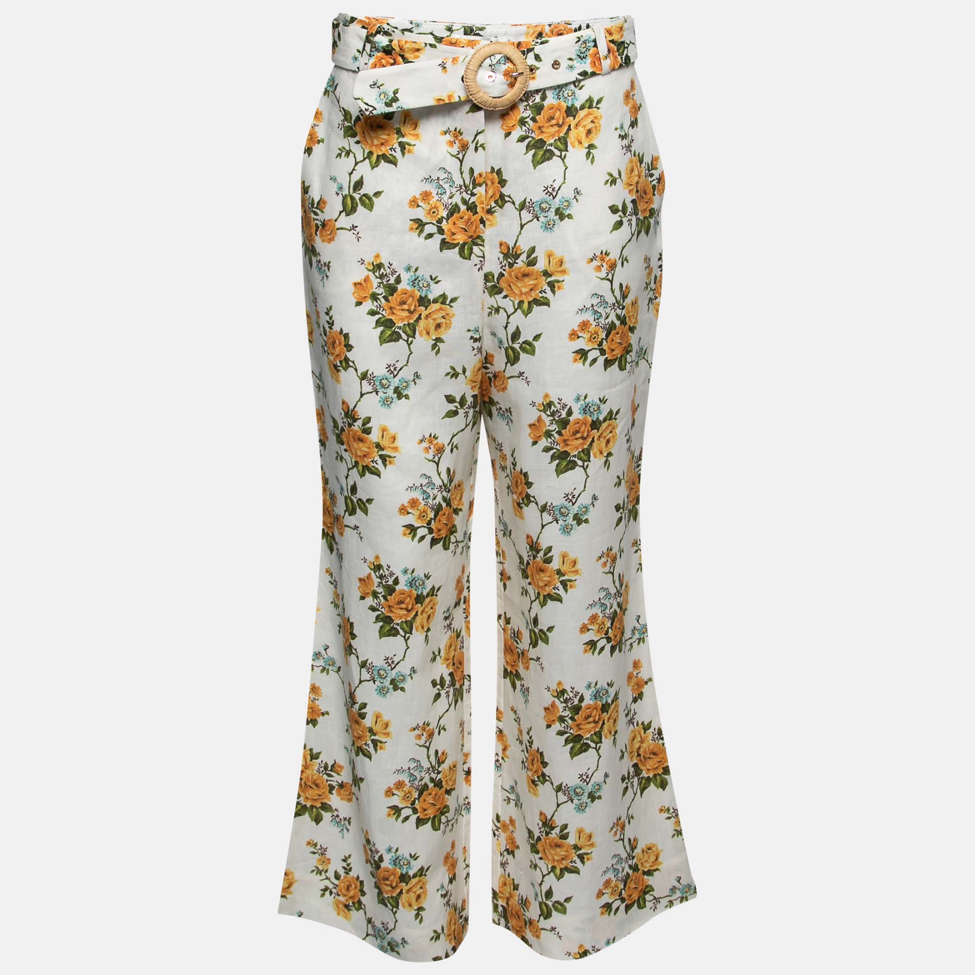 Pre-owned Zimmermann White Floral Printed Linen Belted Straight Pants M