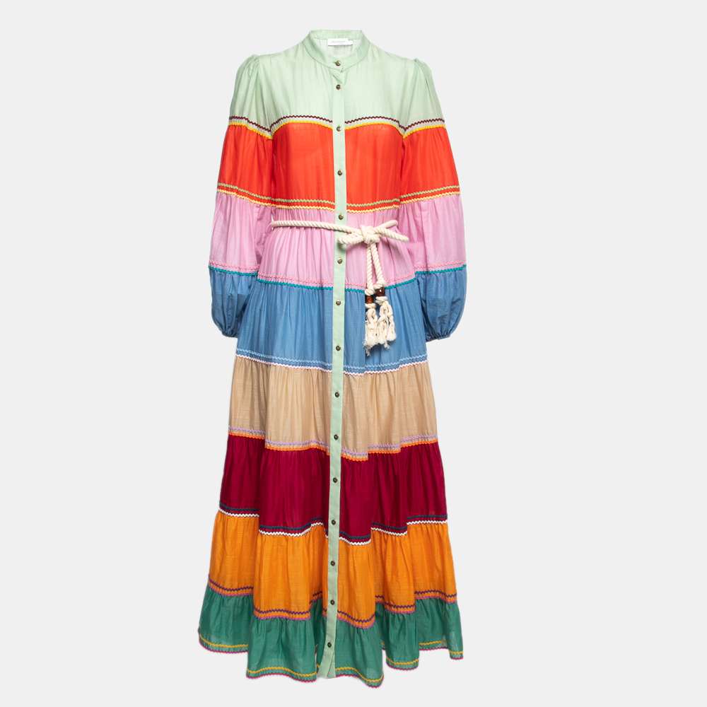 Pre Owned Zimmermann Multicolor Riders Striped Cotton Belted Maxi M