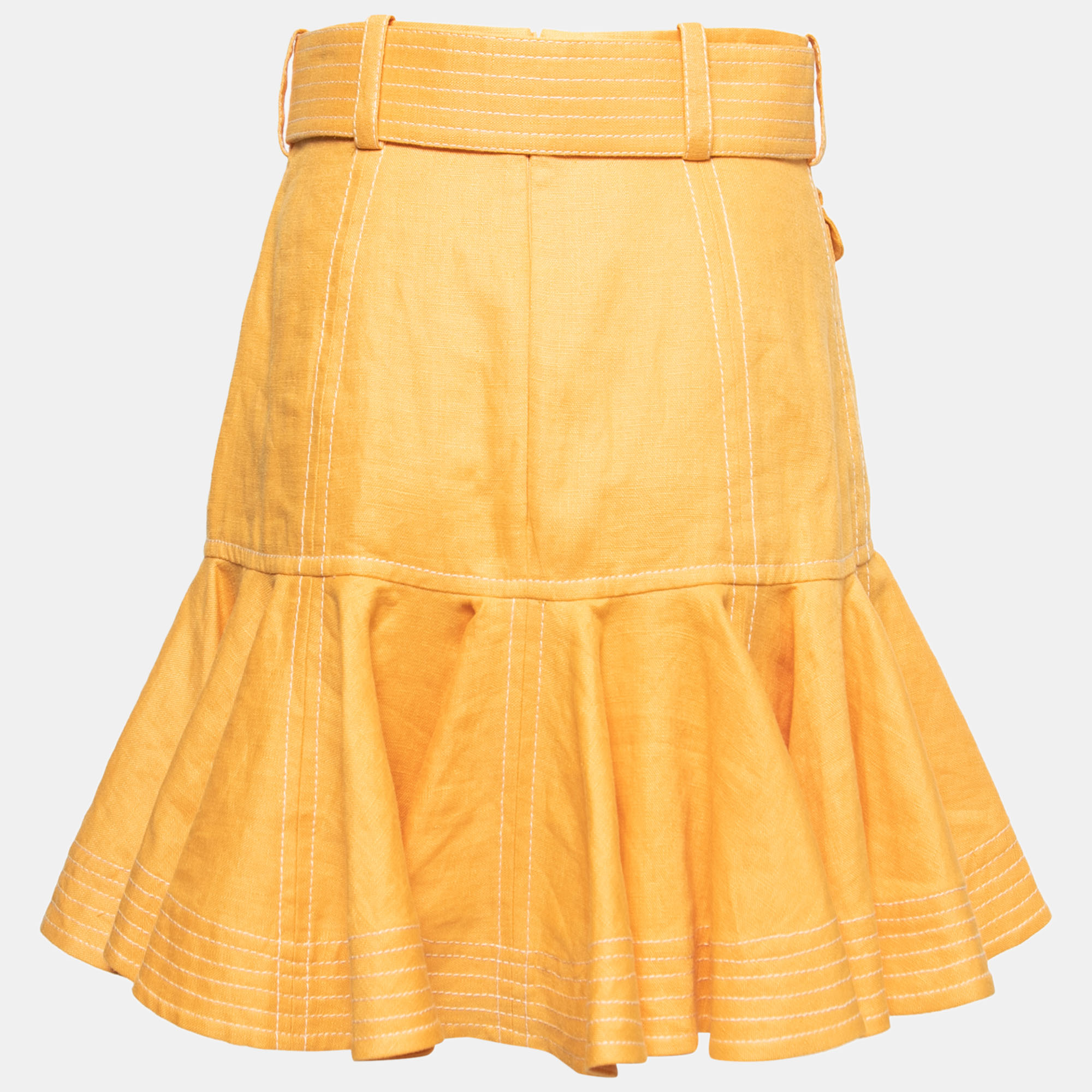 

Zimmermann Orange Linen Belted Ruffled Mini Skirt