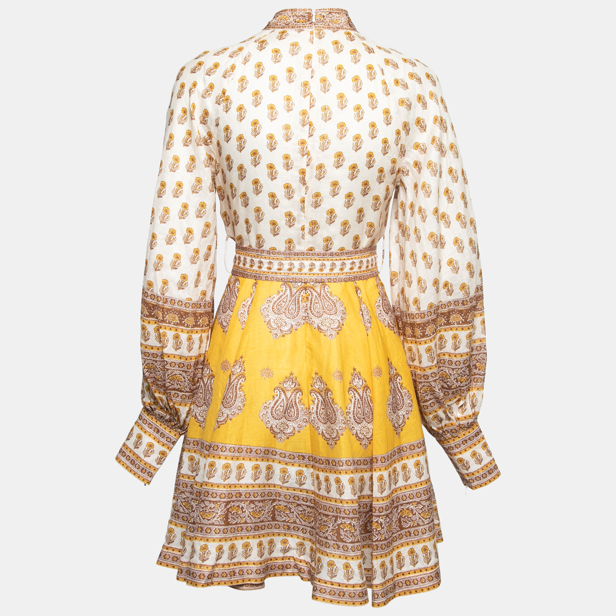 

Zimmermann Cream & Yellow Paisley Printed Belted Mini Dress