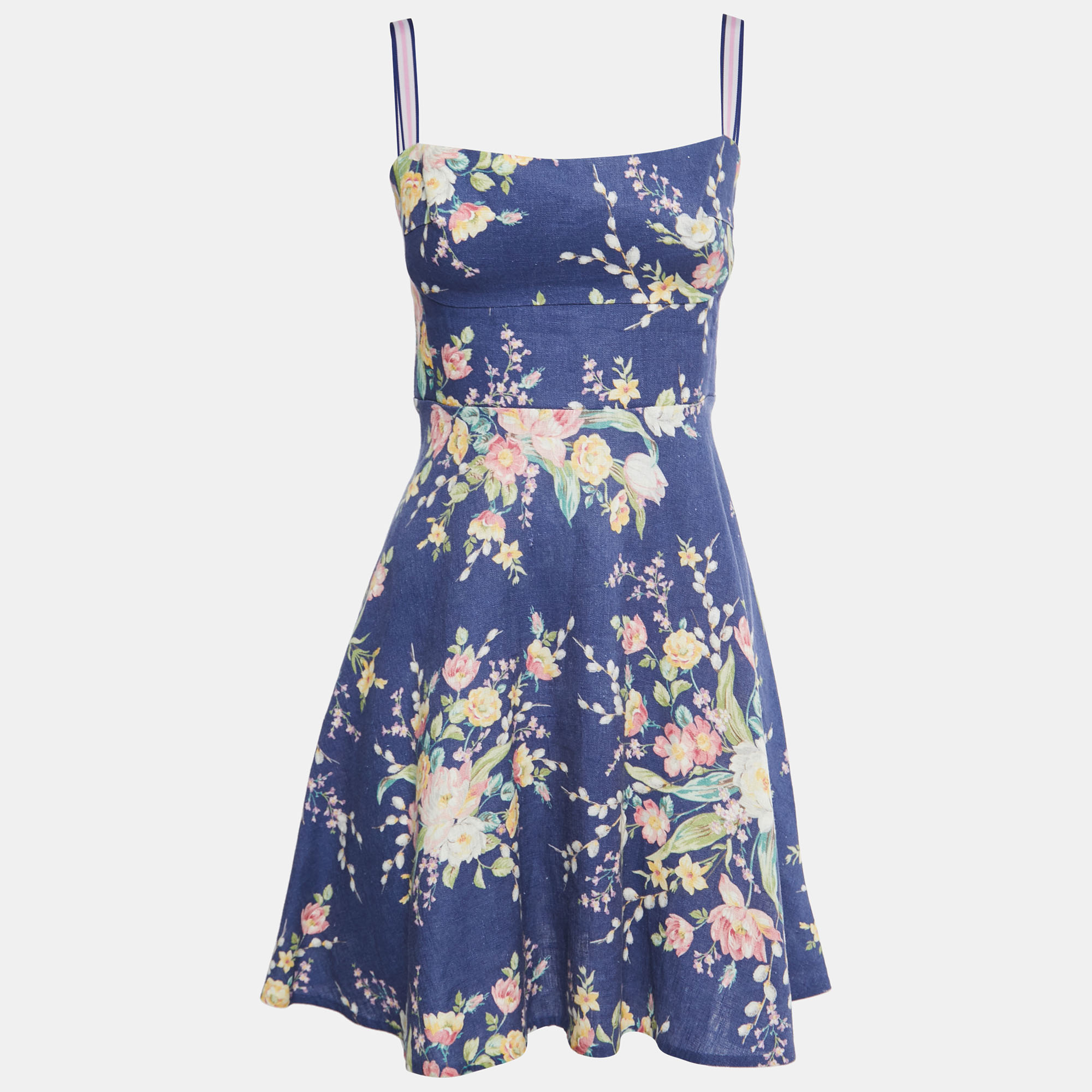 Pre Owned Zimmermann Blue Floral Printed Linen Mini Dress M