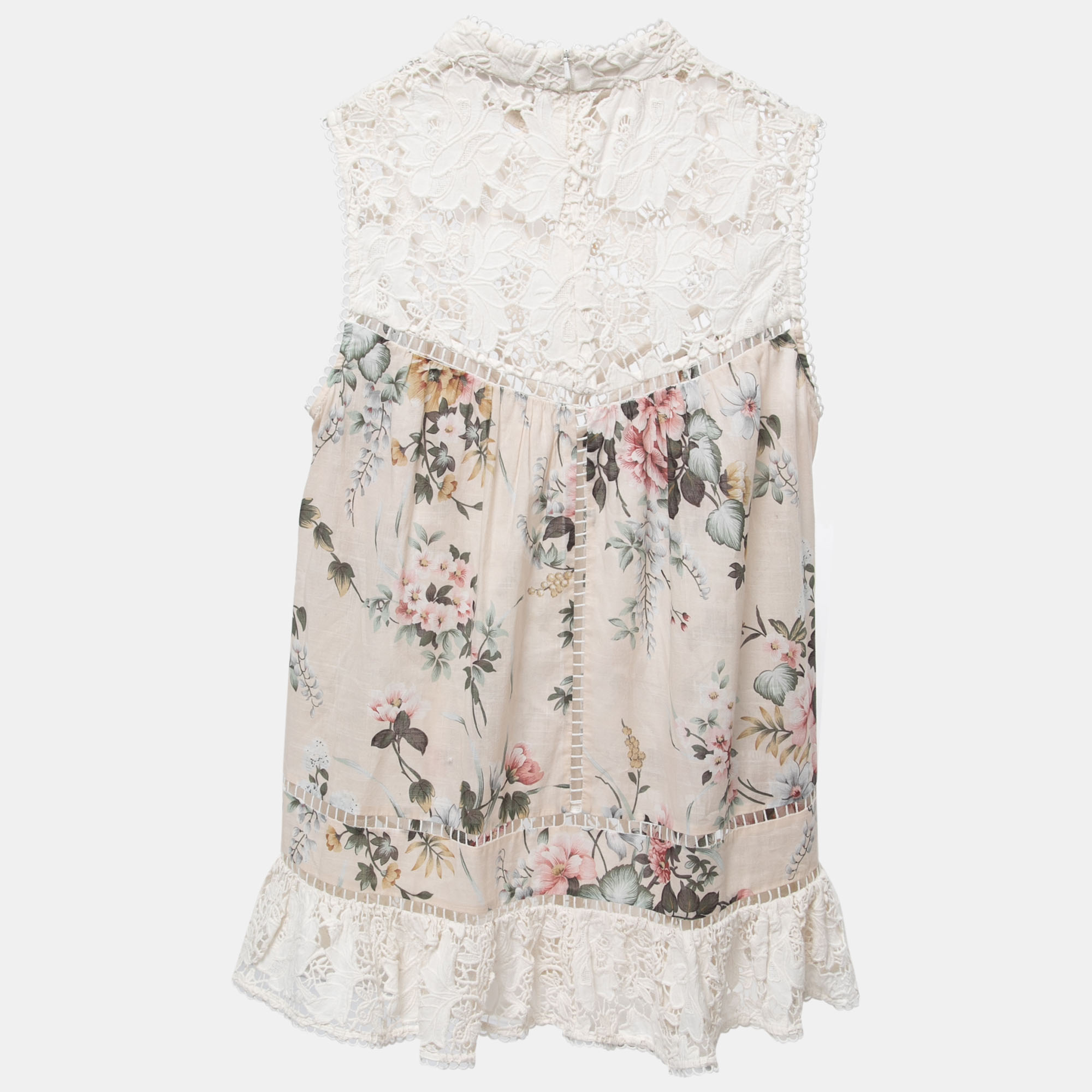 

Zimmermann Multicolor Floral Printed Cotton Lace Inset Top