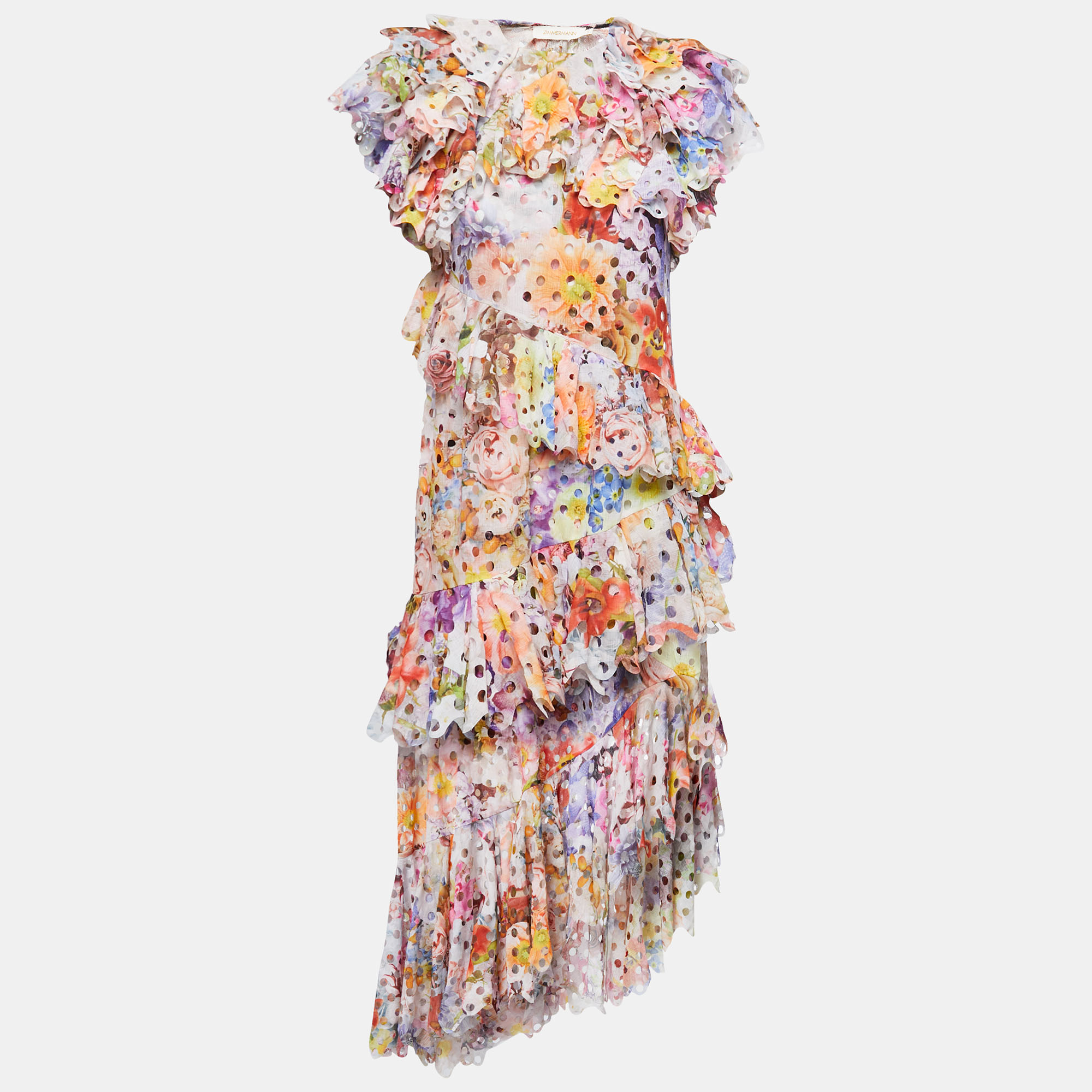 Pre Owned Zimmermann Multicolor Floral Print Laser-Cut Gauze Frilled Prima Gown S
