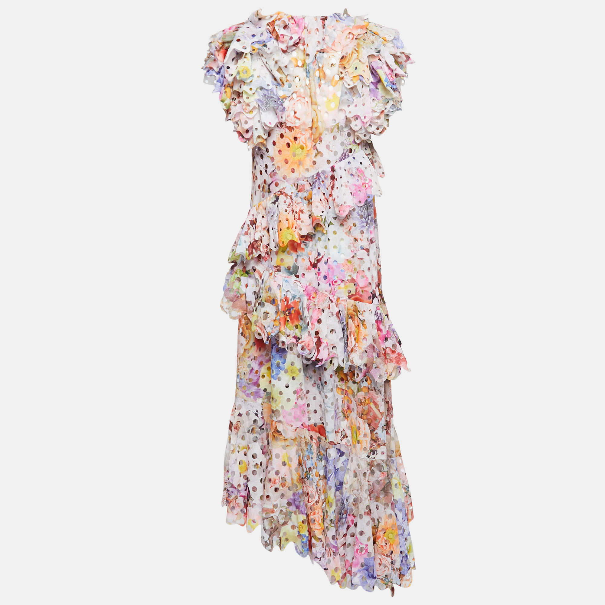 

Zimmermann Multicolor Floral Print Laser-Cut Gauze Frilled Prima Gown