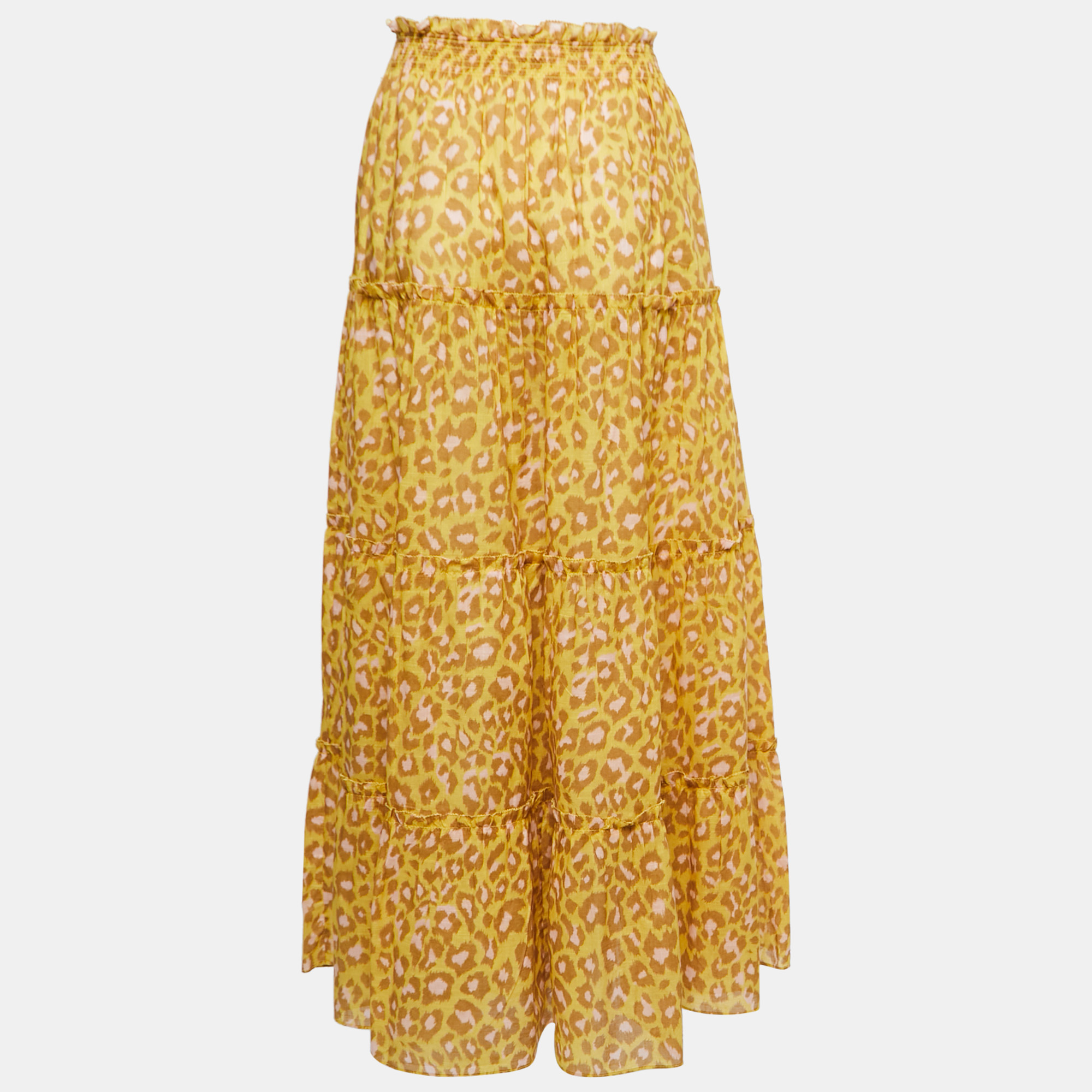 

Zimmermann Yellow Animal Printed Cotton Tiered Midi Skirt